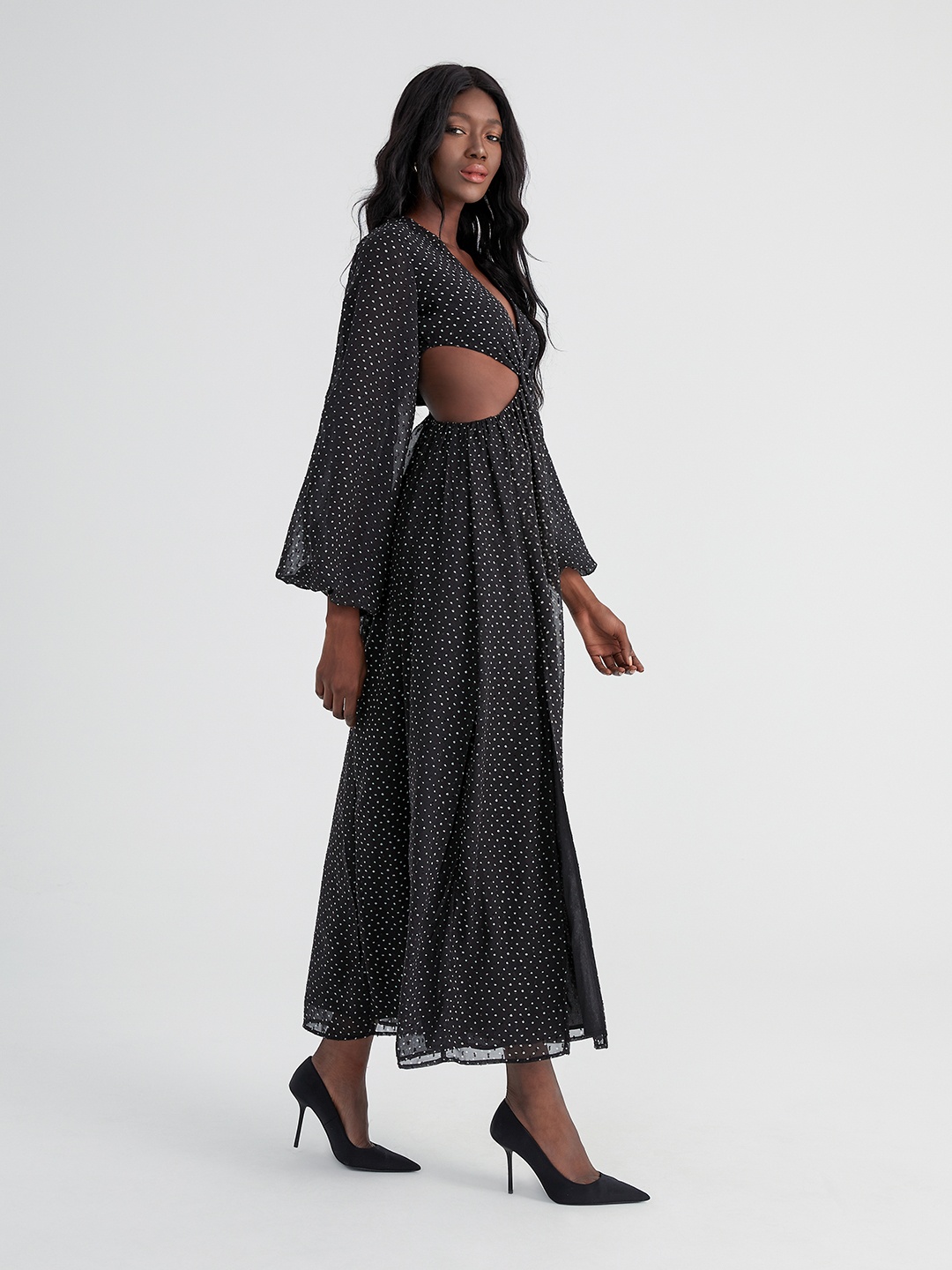 

Urban Revivo Polka Dot Print Dobby Weave Puff Sleeve Maxi Dress, Black