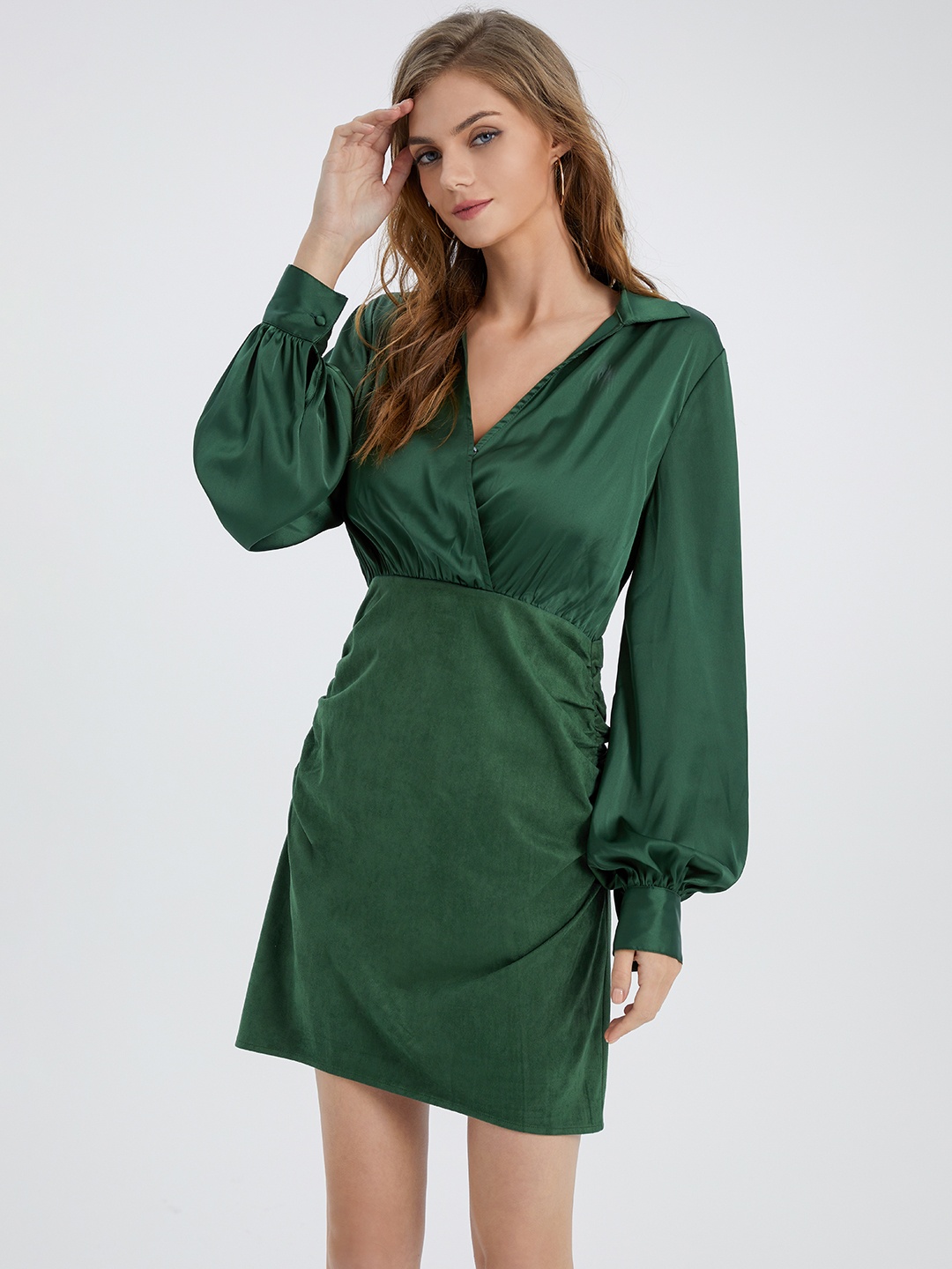 

Urban Revivo Solid Puff Sleeve Wrap Mini Dress, Green