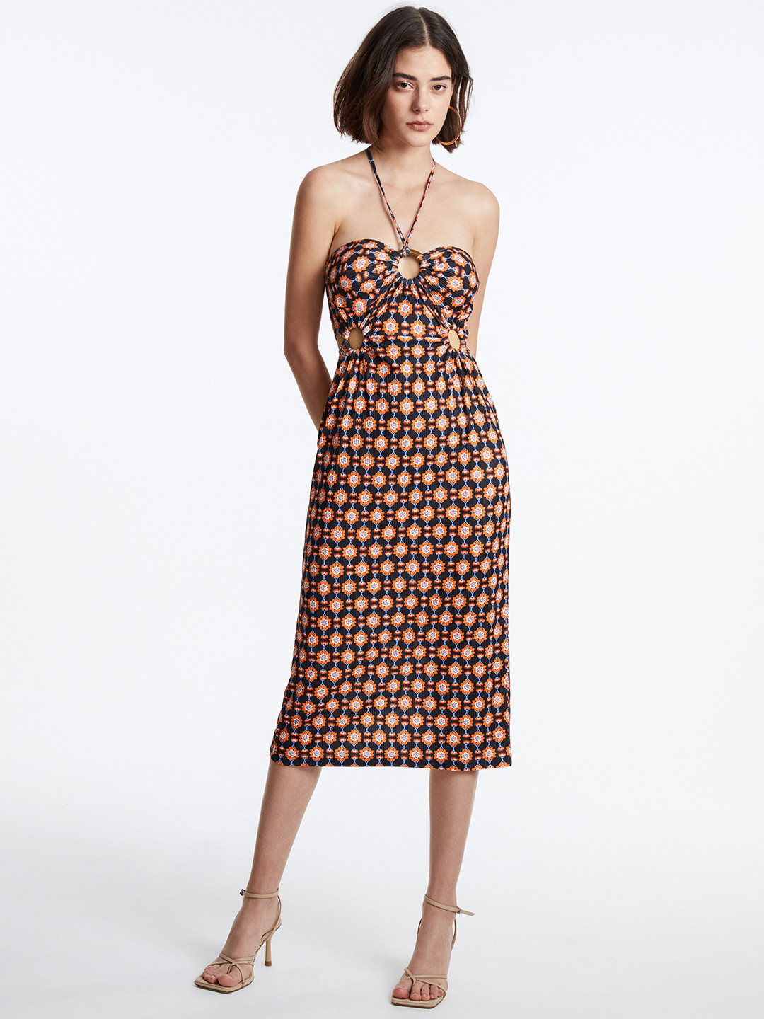 

Urban Revivo Floral Print Halter Neck A-Line Midi Dress, Black