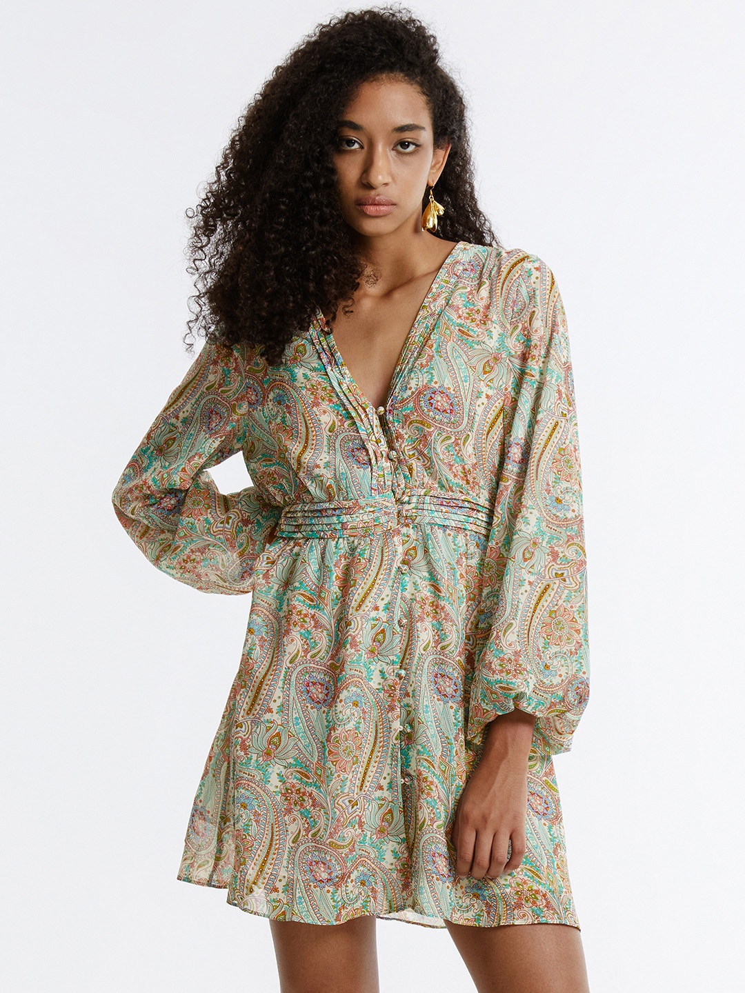 

Urban Revivo Paisley Print Puff Sleeve A-Line Mini Dress, Off white