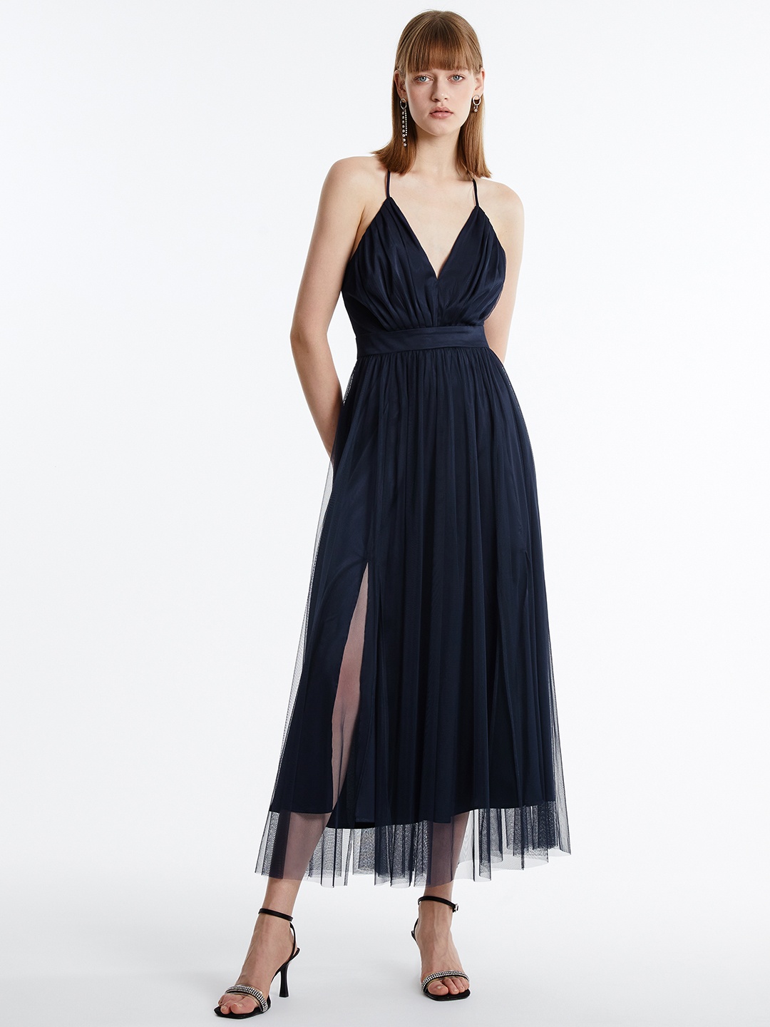 

Urban Revivo Side Slit A-Line Midi Dress, Navy blue