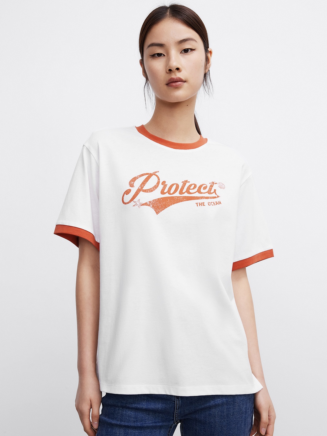 Urban Revivo Typography Printed Pure Cotton T-shirt, White
