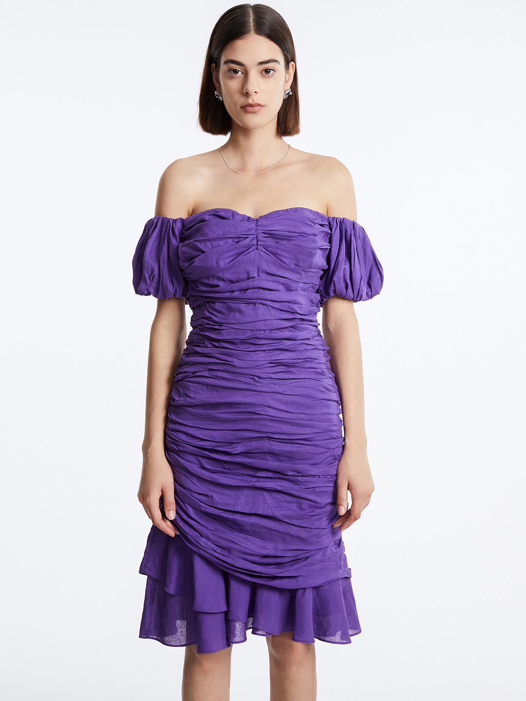 

Urban Revivo Ruched Off-Shoulder Puff Sleeve Sheath Dress, Purple