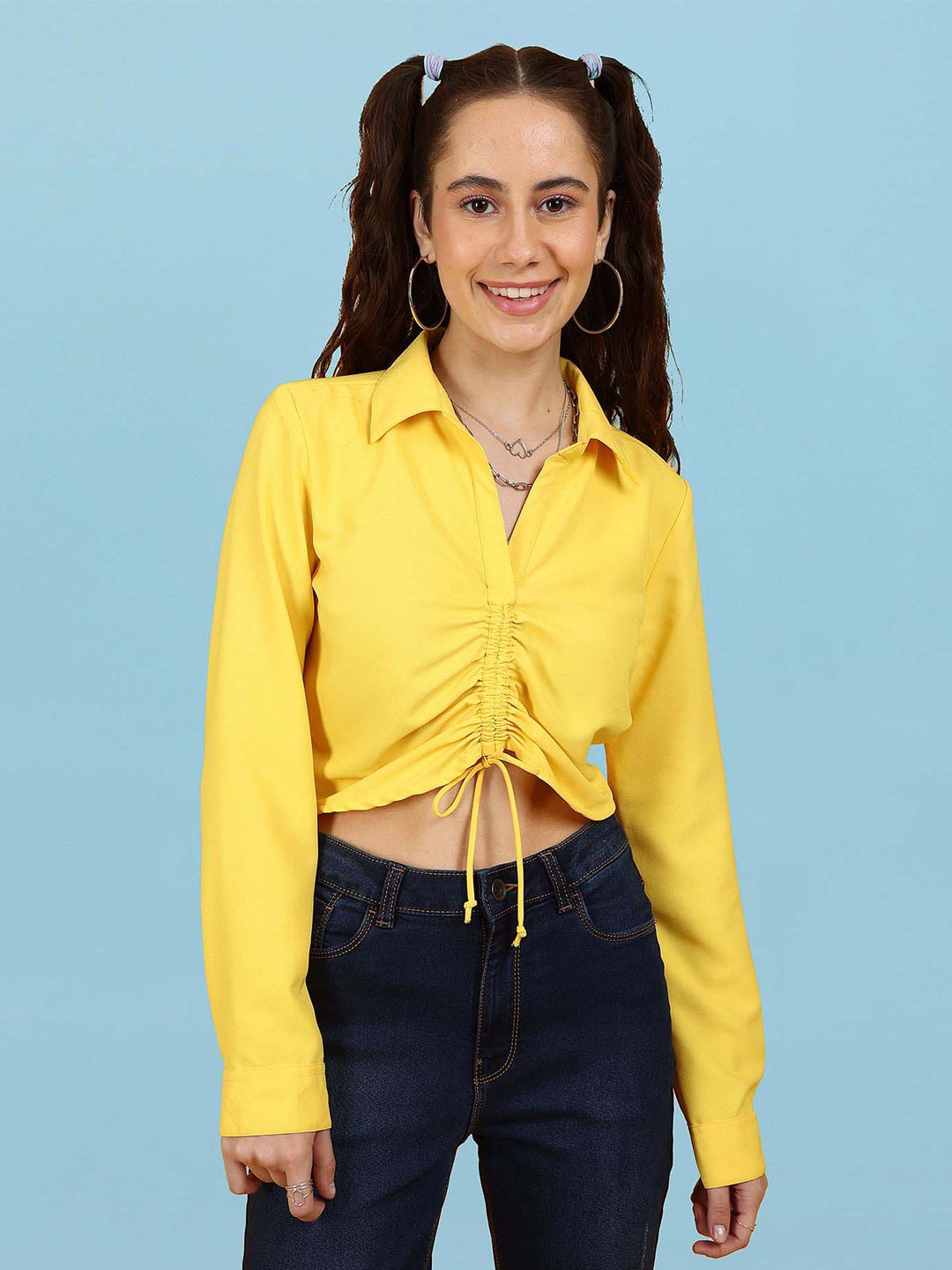 

Flying Machine Ruched Front Full Sleeve Shirt Style Crop Top, Yellow