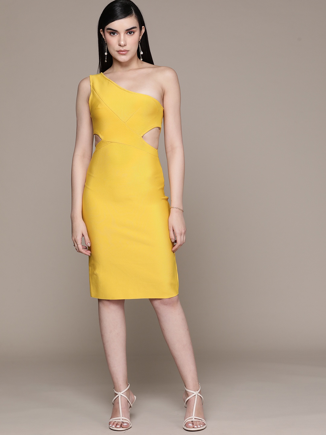 

bebe AM-PM Cut-Out Detail One Shoulder Sheath Dress, Yellow