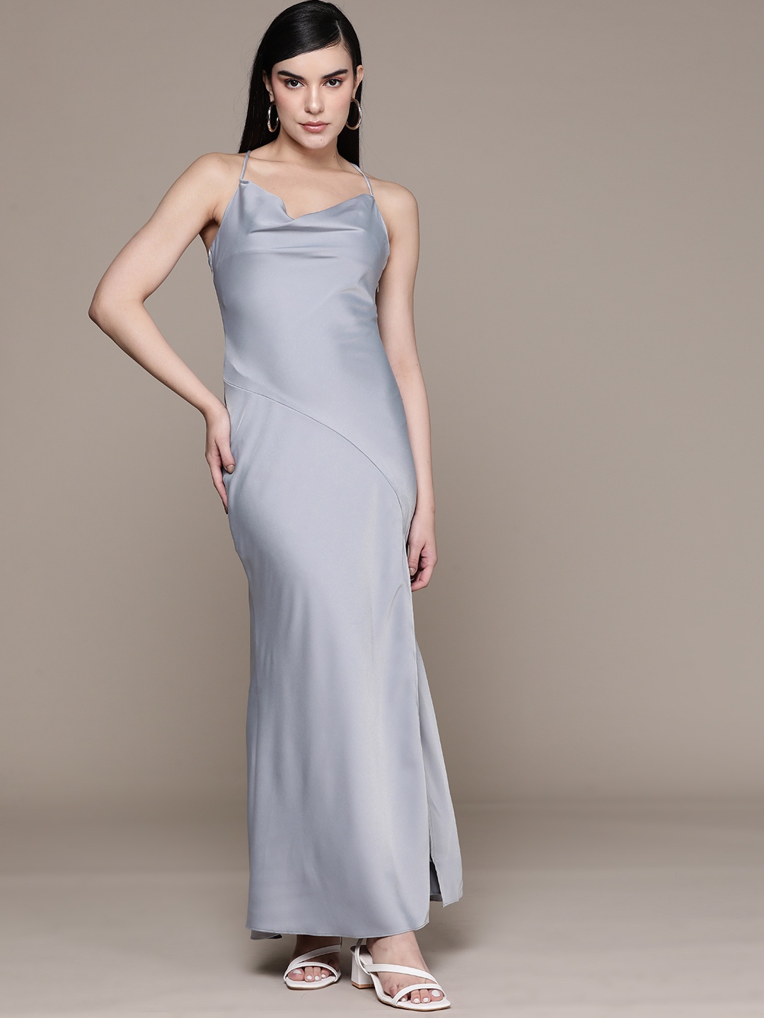 

bebe AM-PM Cowl Neck Satin A-Line Maxi Dress, Grey