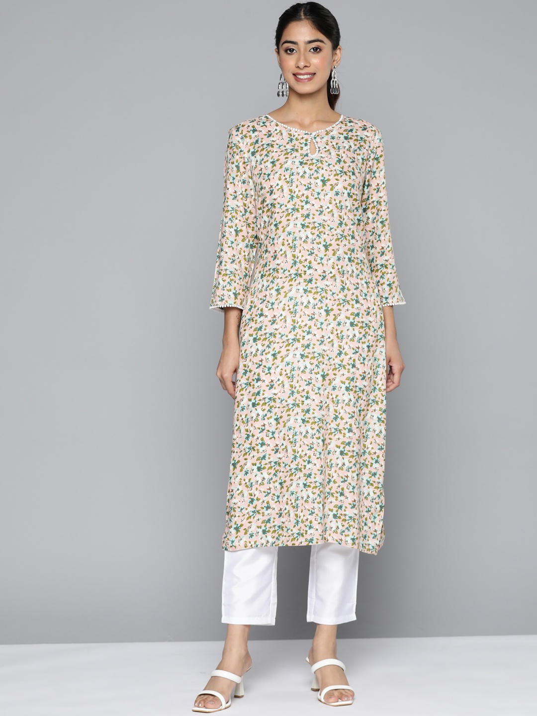 

HERE&NOW Floral Printed Keyhole Neck Kurta, Pink