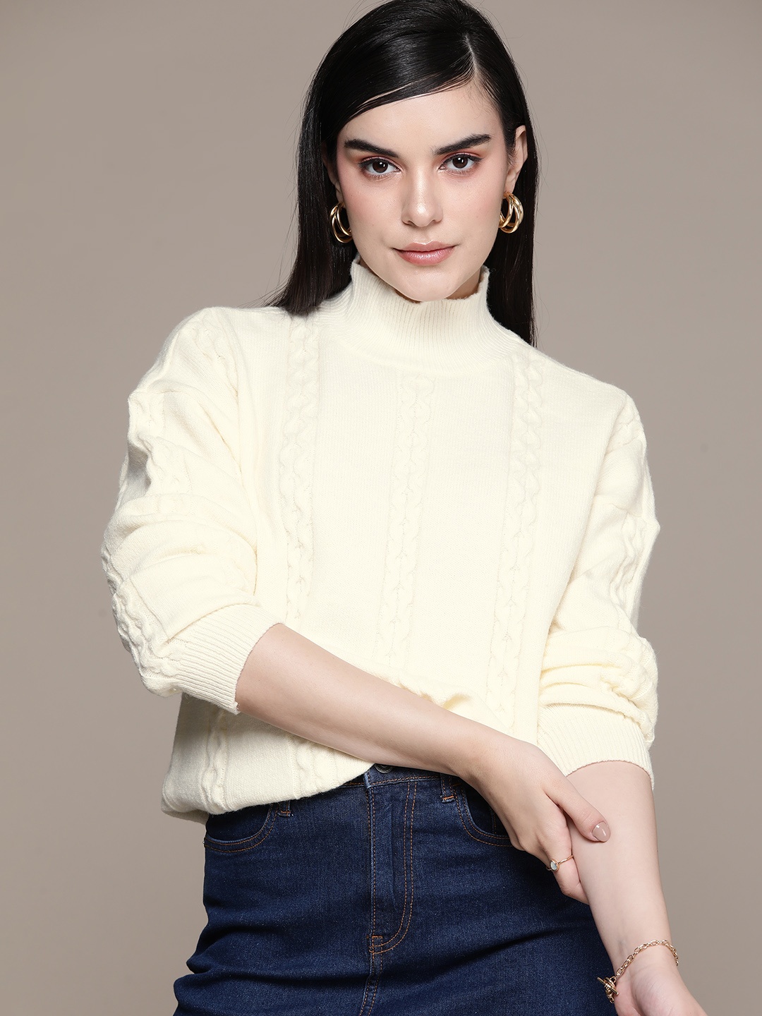 

bebe All Day High Neck Cable Knit Pullover, White