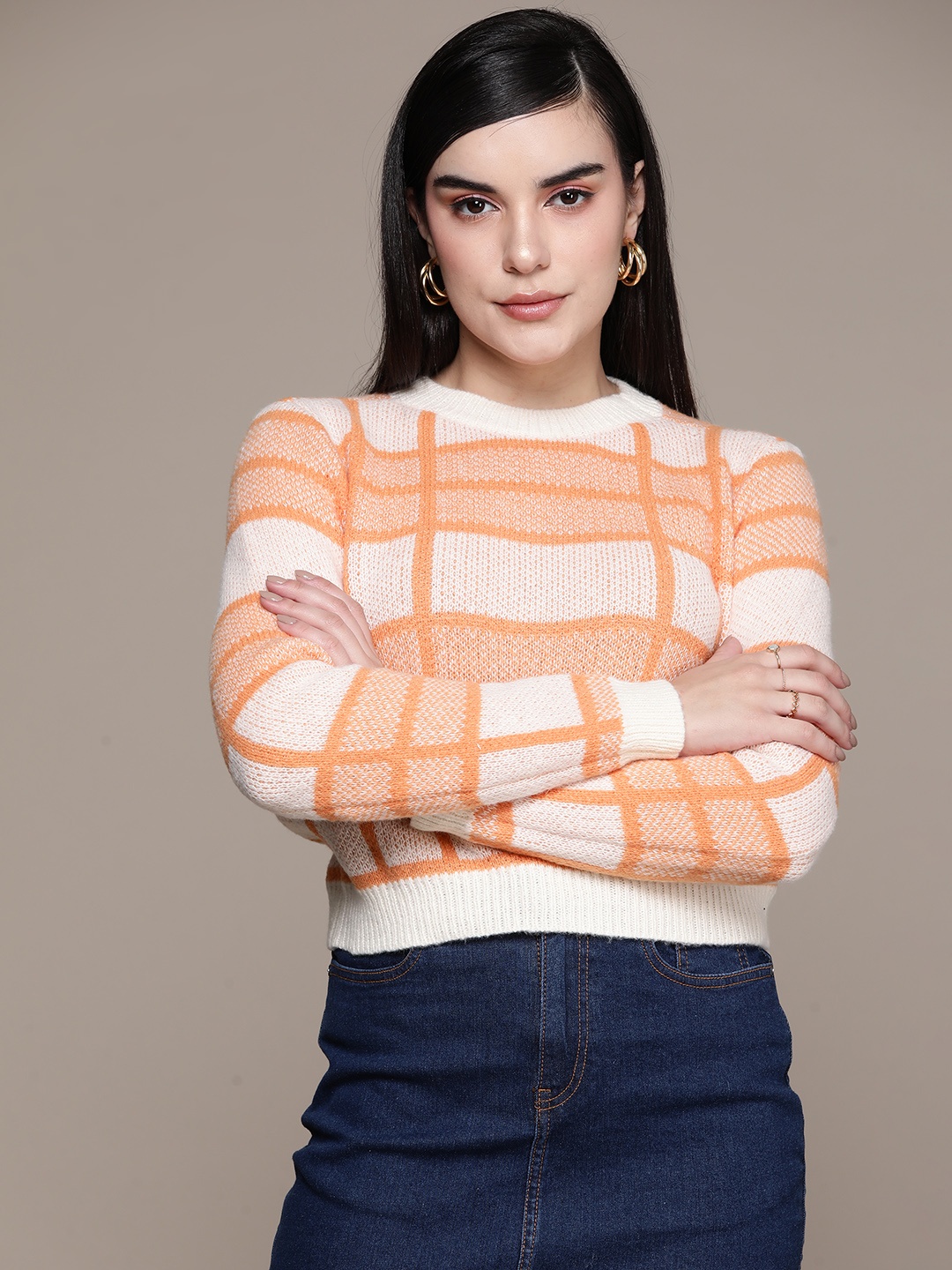 

bebe All Day Checked Pullover, Orange