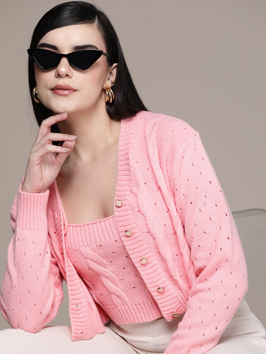 

bebe Brighter Basics Open Knit Cardigan with Crop Top, Pink