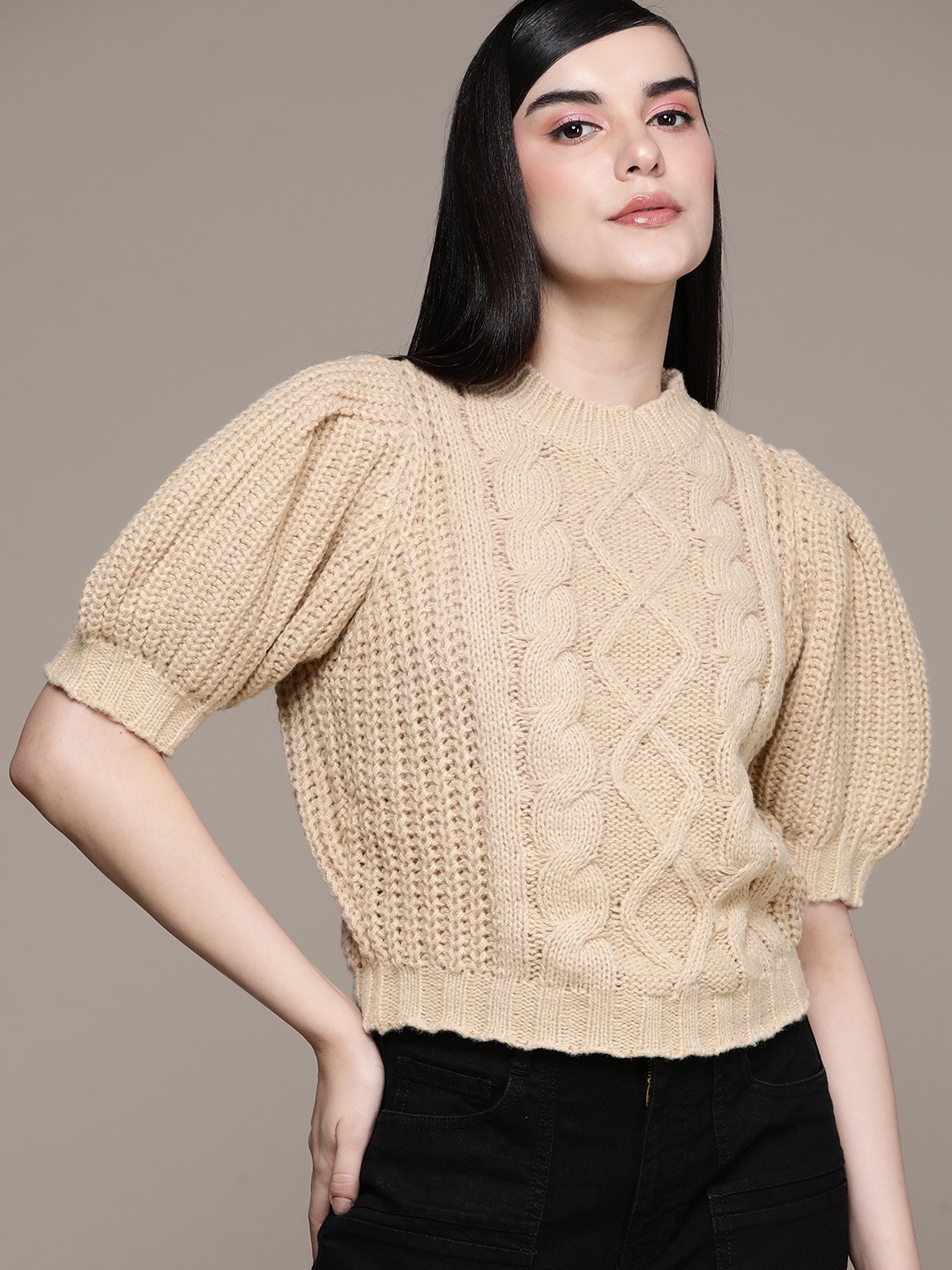 

bebe All Day Puff Sleeves Cable Knit Pullover, Beige