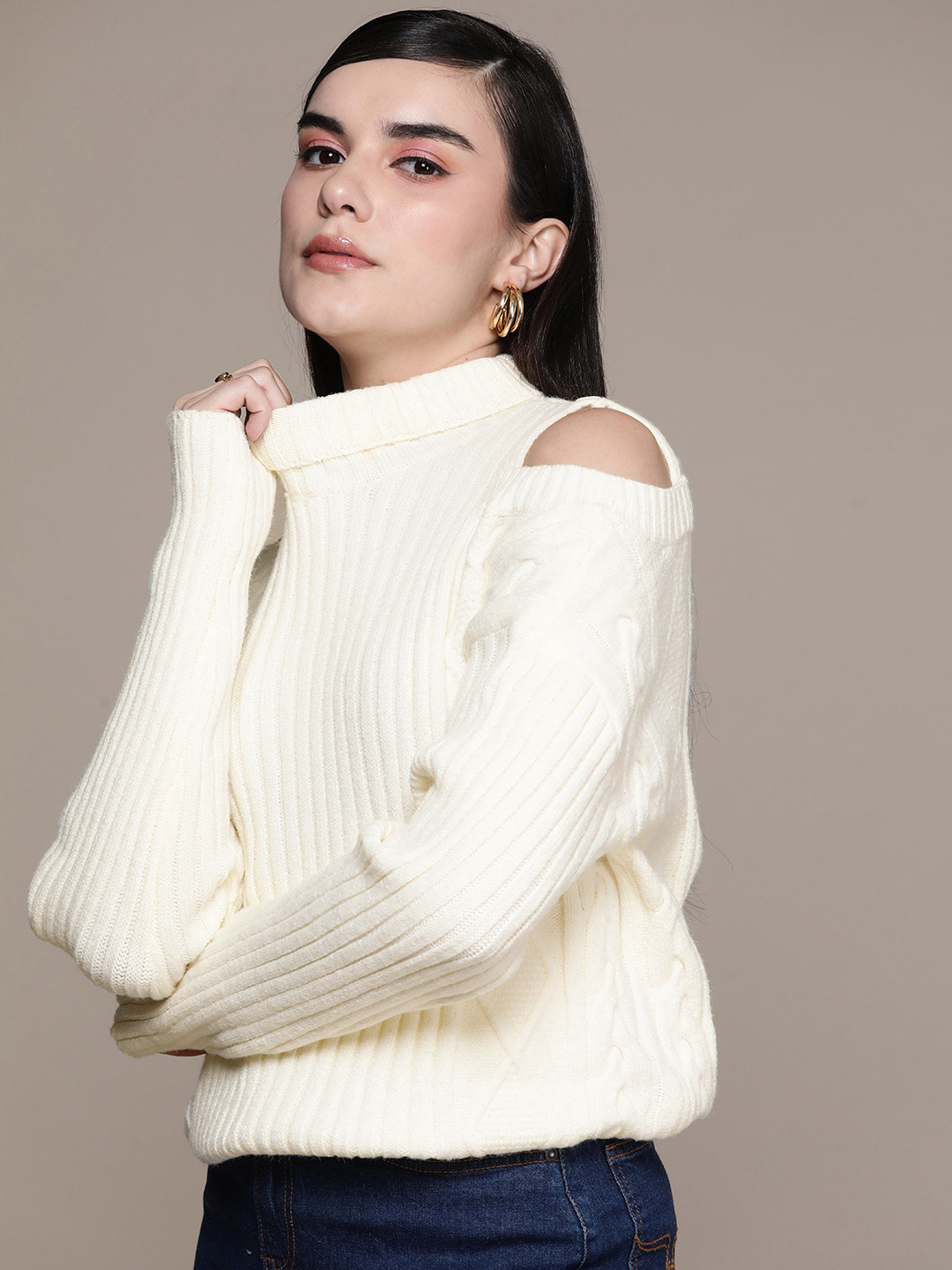 

bebe All Day Cold-Shoulder Sleeves Cable Knit Pullover, Cream