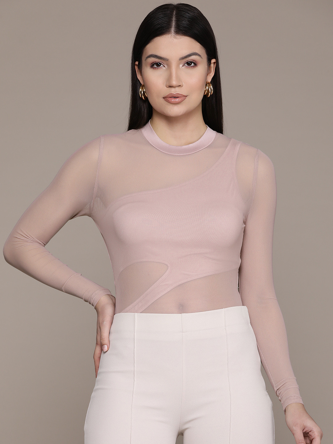 

bebe Future Glam Cut-Out Sheer Bodysuit, Rose