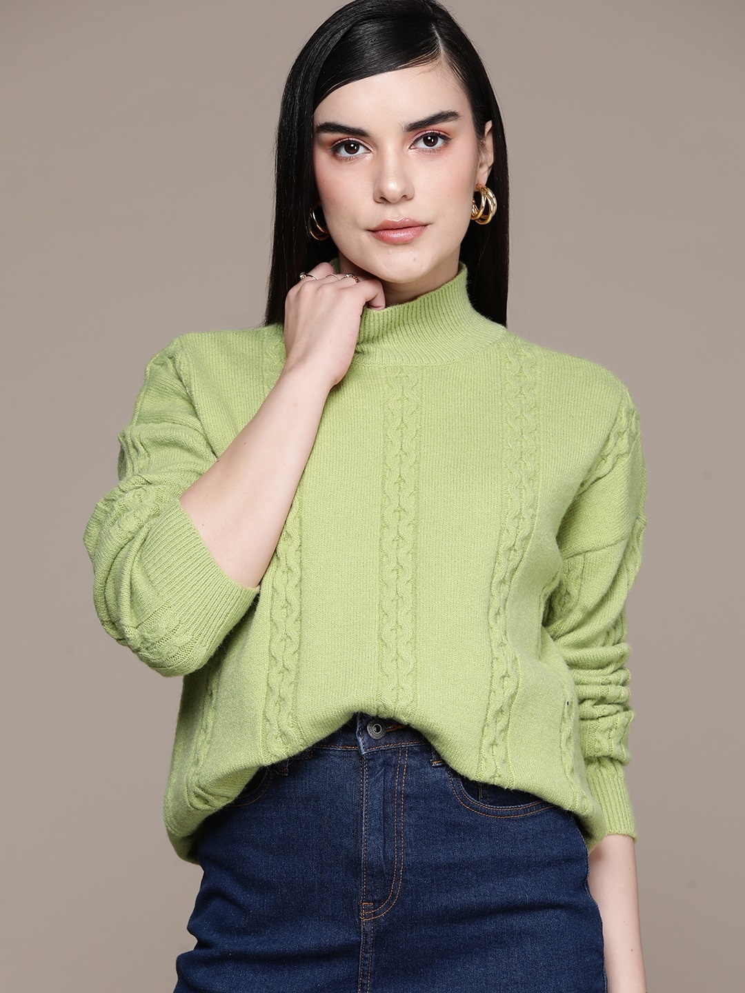 

bebe All Day High Neck Cable Knit Pullover, Green