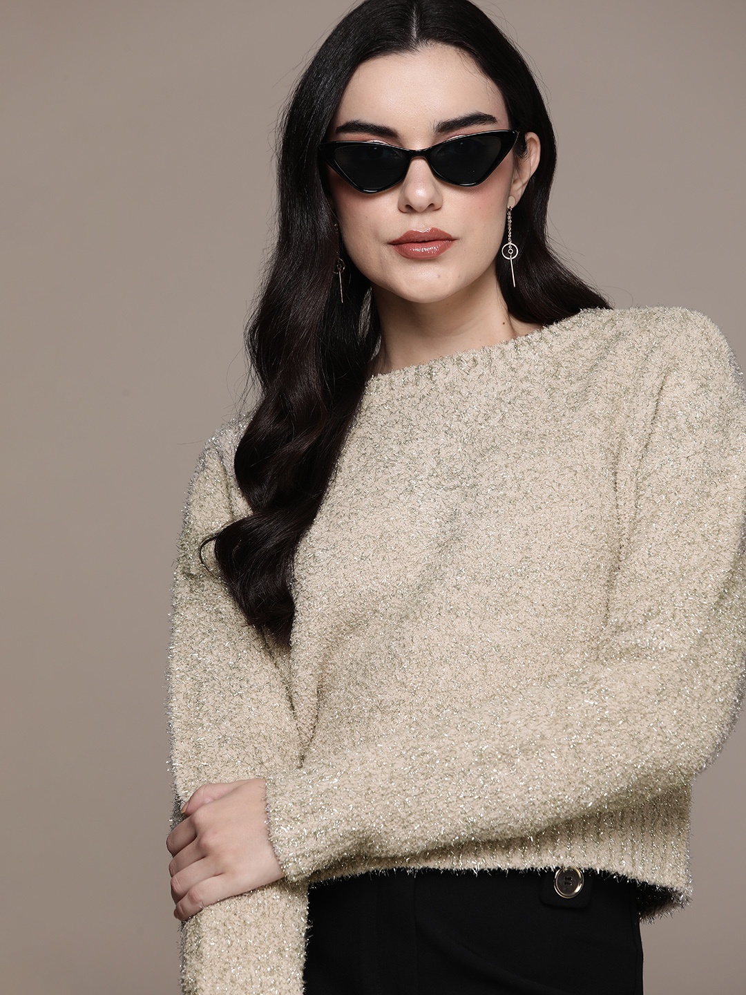 

bebe Brighter Basics Shimmery Detail Drop Shoulder Sleeves Pullover, Beige