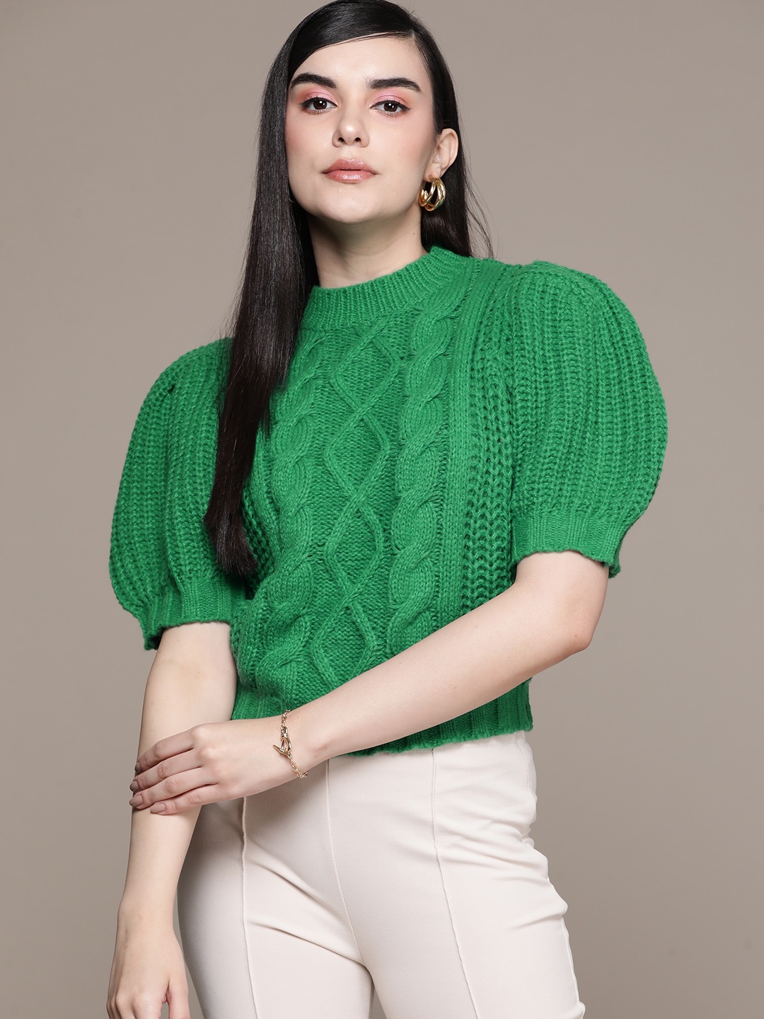 

bebe All Day Cable Knit Pullover, Green