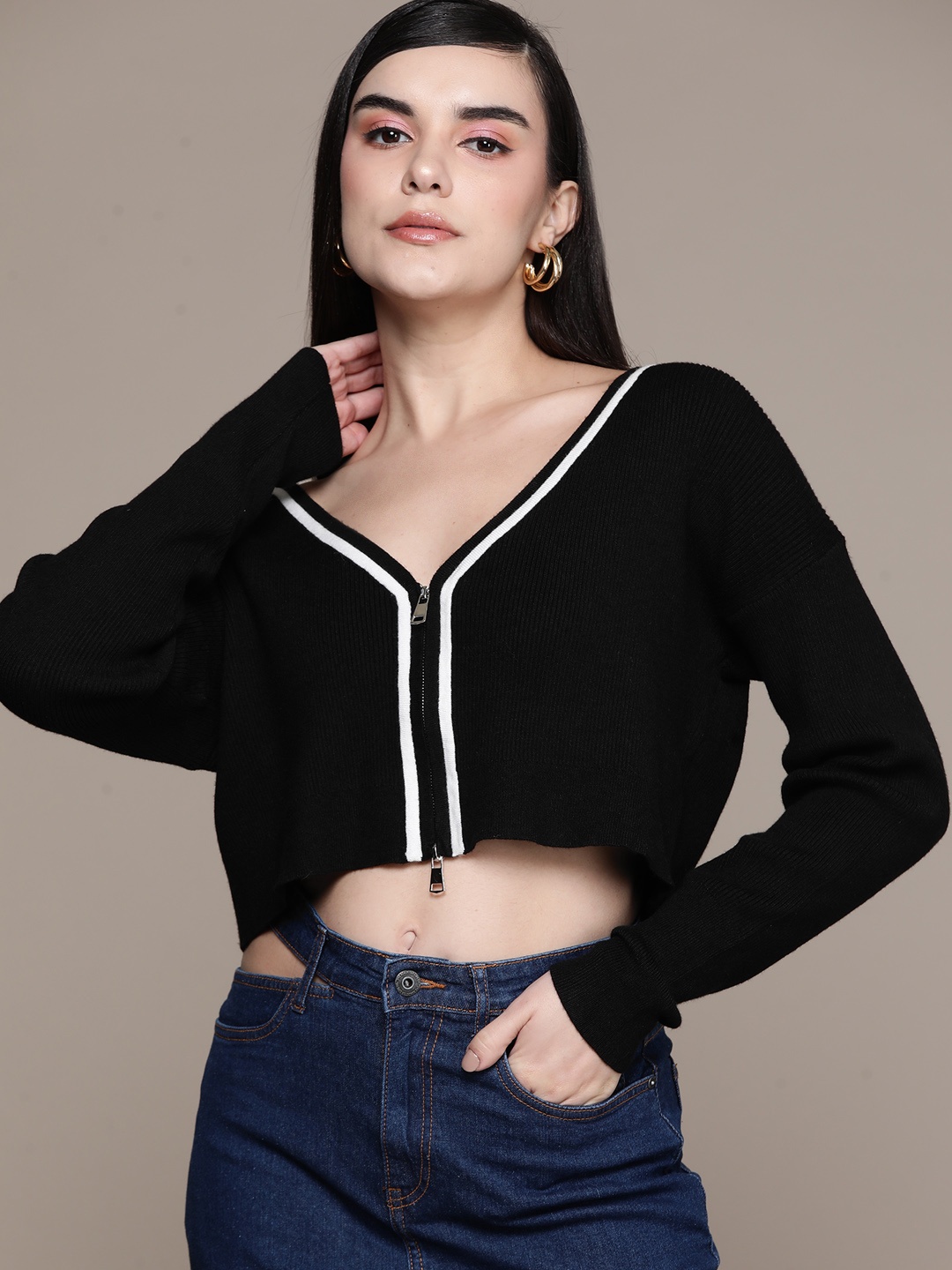 

bebe All Day Ribbed Crop Cardigan, Black