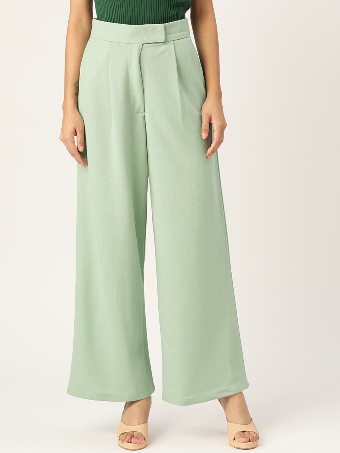 

Zastraa Women Sea Green Smart High-Rise Parallel Trousers