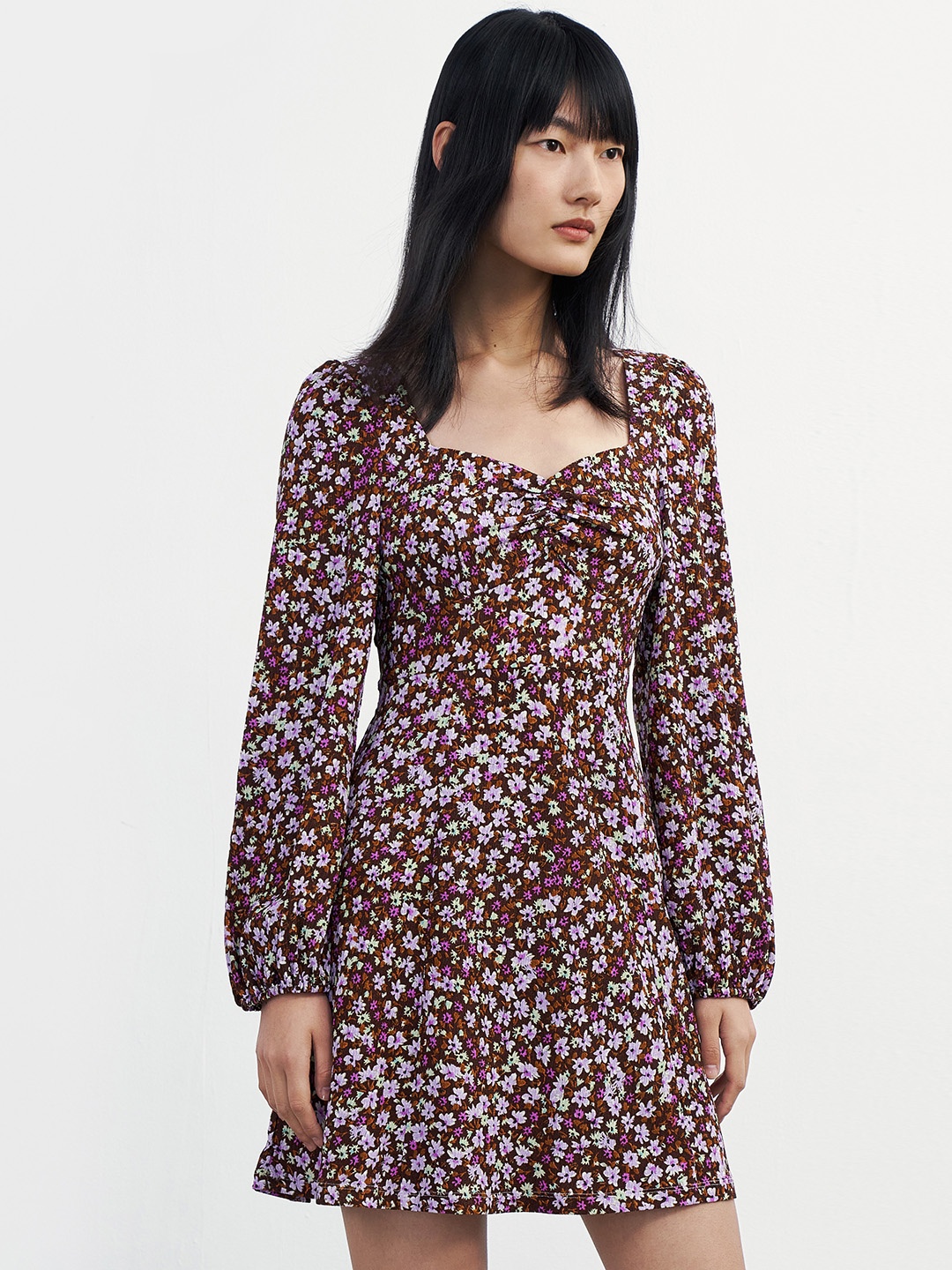 

Urban Revivo Floral Print Puff Sleeves Fit & Flare Dress, Brown