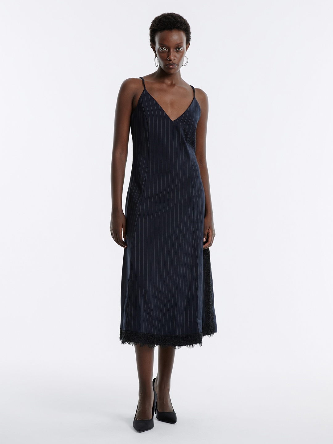 

Urban Revivo Striped A-Line Midi Dress, Navy blue