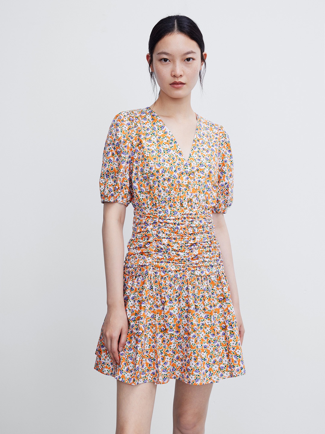 

Urban Revivo Pure Cotton Floral Print Puff Sleeve A-Line Dress, Orange