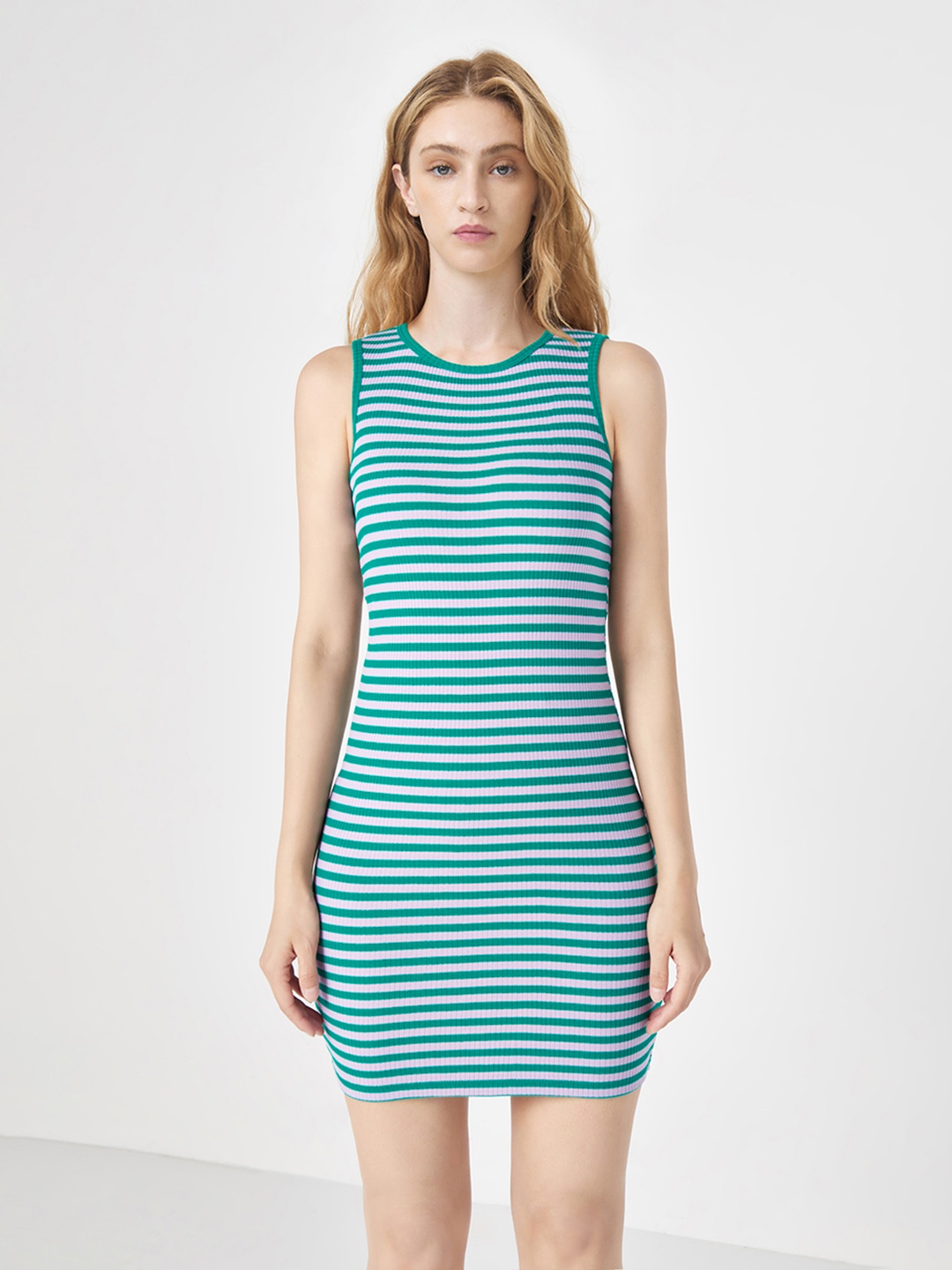 

Urban Revivo Striped Sleeveless Knitted Bodycon Dress, Sea green