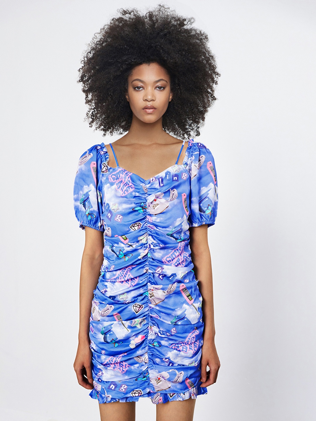 

Urban Revivo Conversational Print Puff Sleeve Sheath Mini Dress, Blue