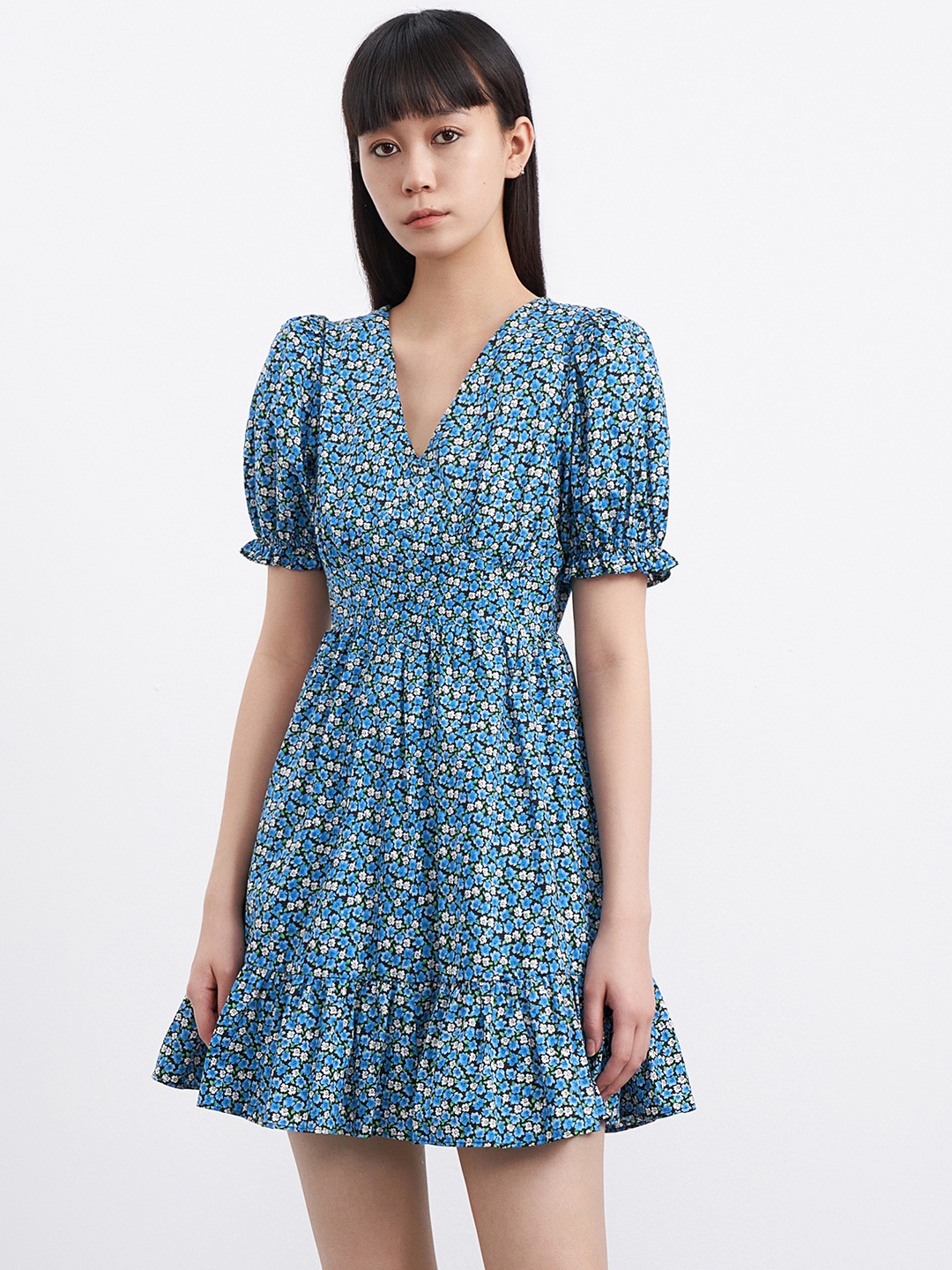 

Urban Revivo Floral Print Puff Sleeve A-Line Dress, Blue