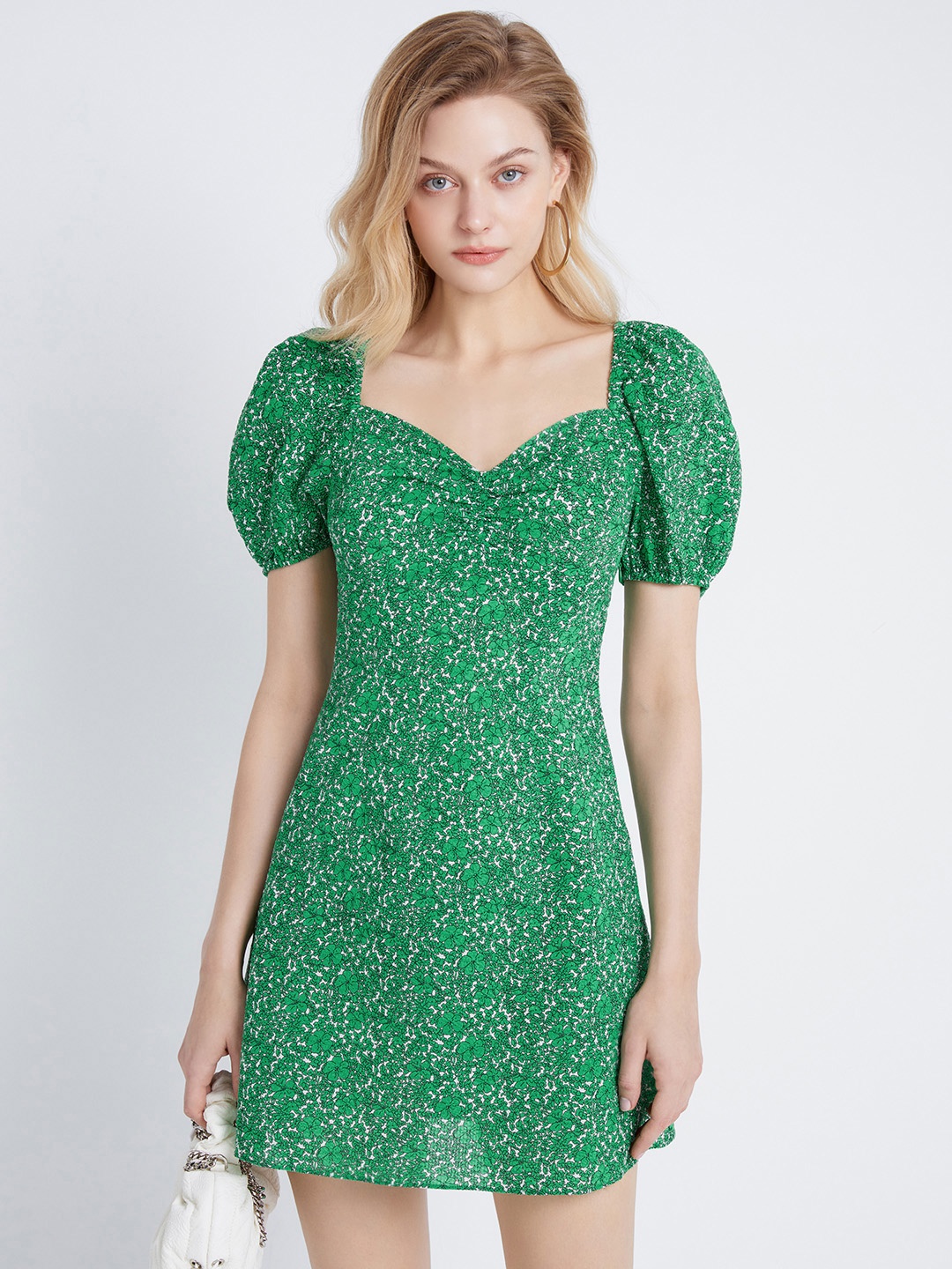 

Urban Revivo Floral Print Puff Sleeve A-Line Mini Dress, Green