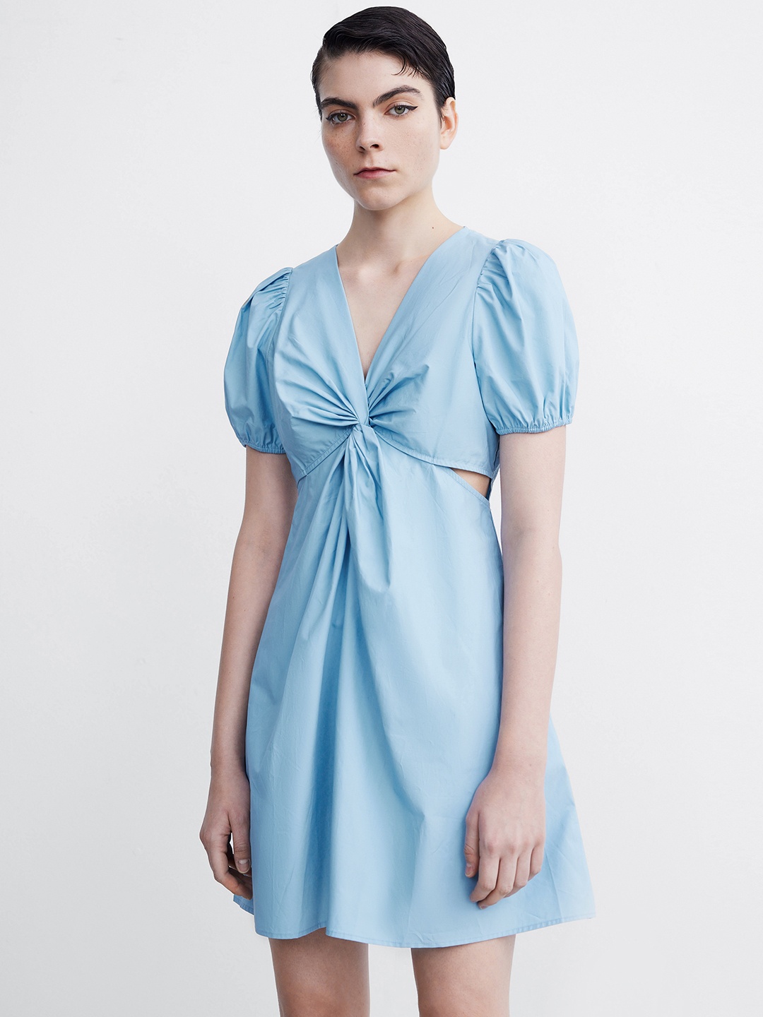 

Urban Revivo Cotton Cut-Out Detail Puff Sleeve A-Line Dress, Blue