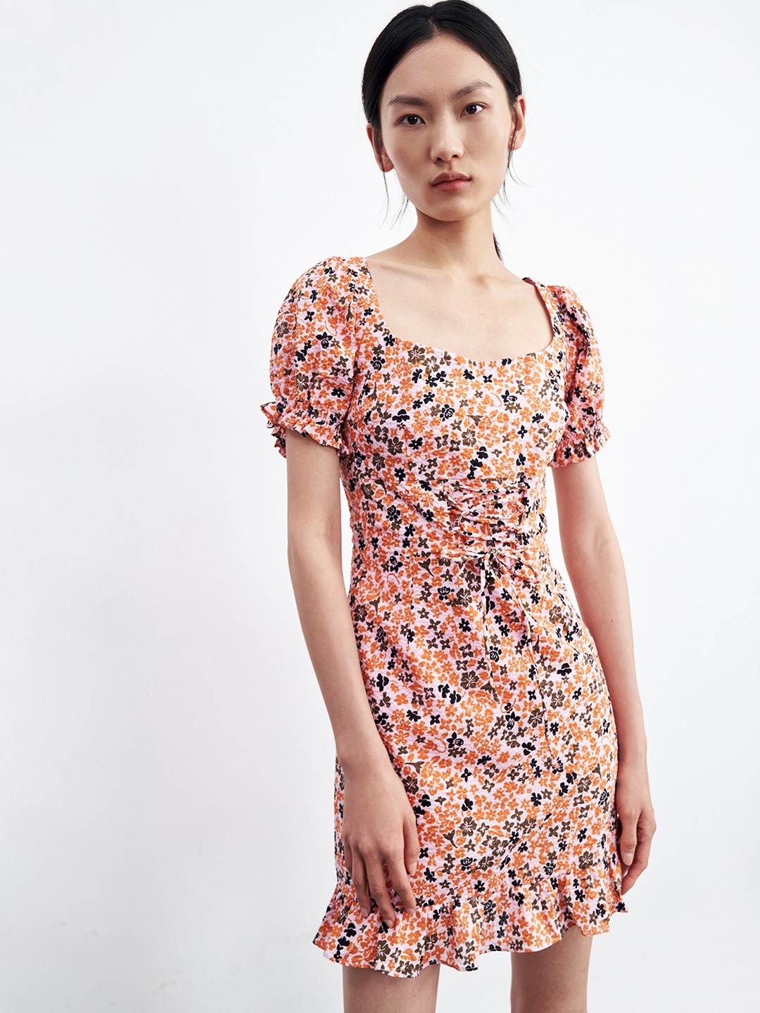 

Urban Revivo Floral Print Puff Sleeve A-Line Mini Dress, Orange