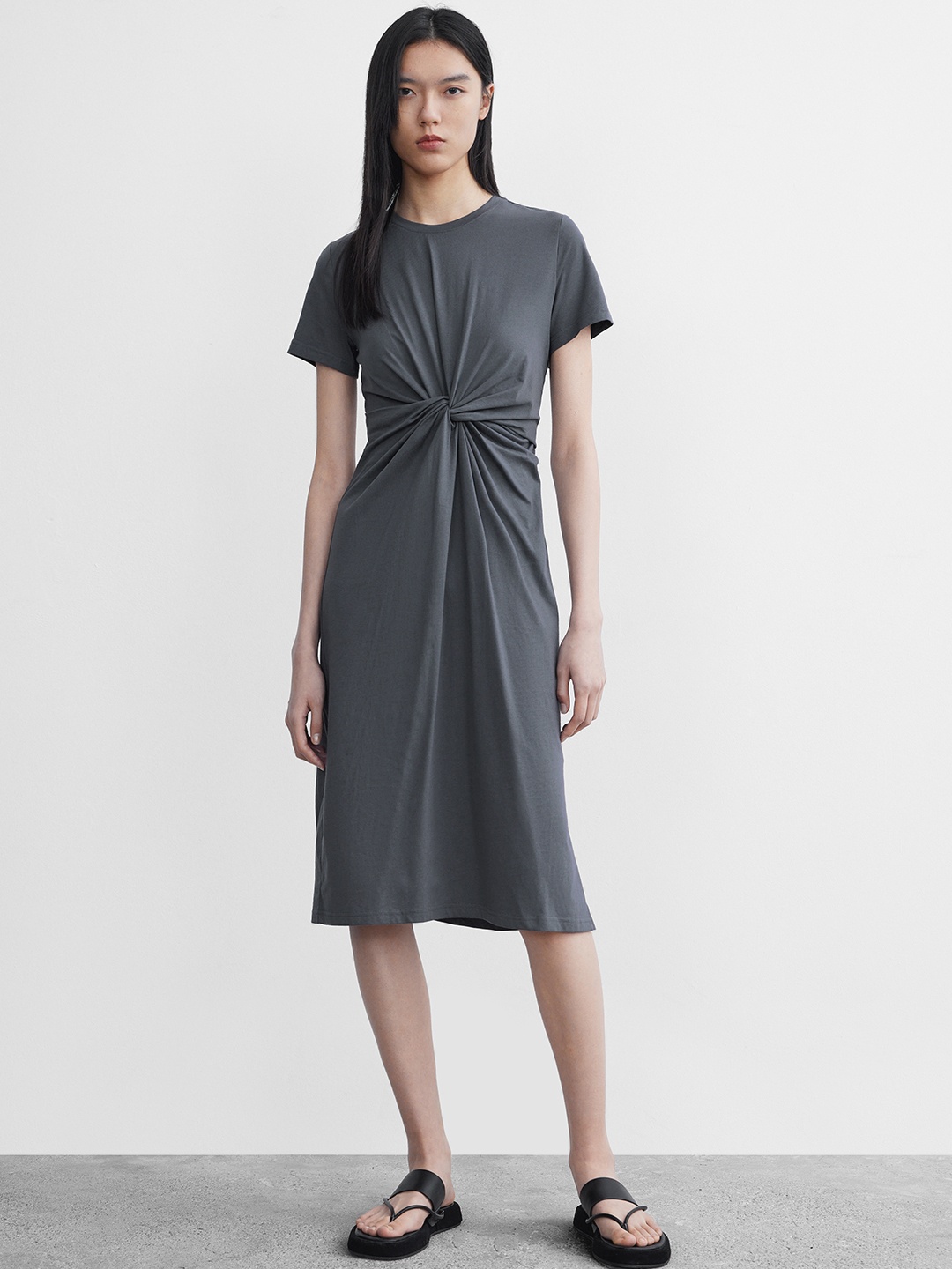 

Urban Revivo Cotton Knitted Twisted A-Line Dress, Charcoal