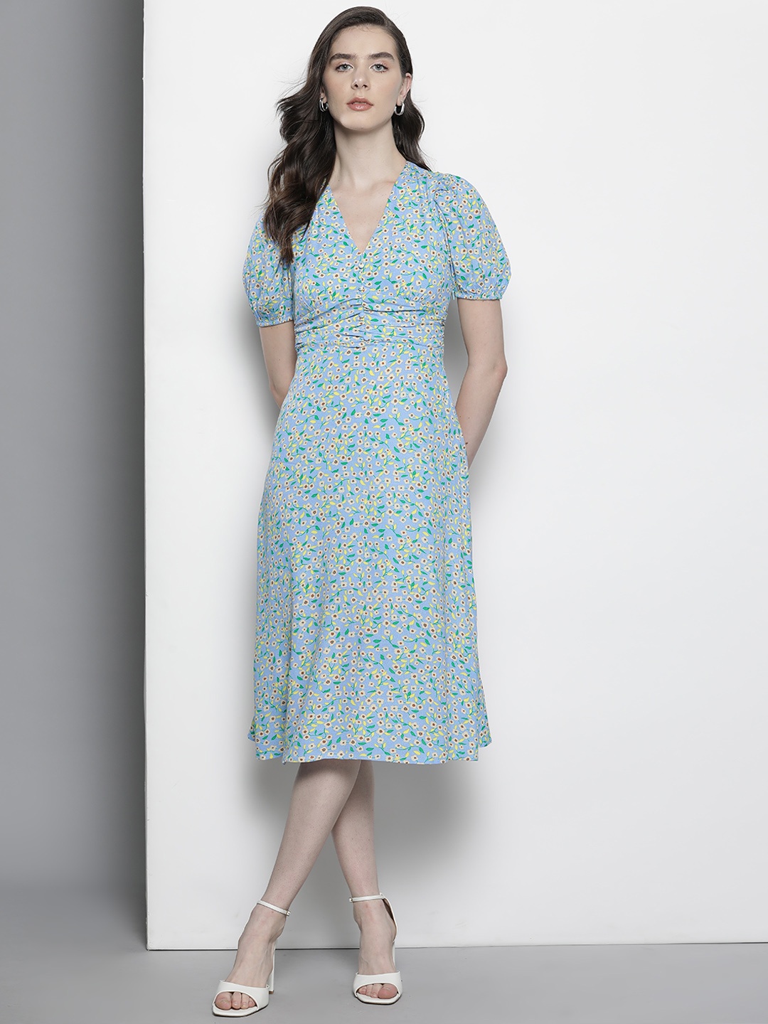 

Urban Revivo Floral Print Puff Sleeves Ruched A-Line Midi Dress, Blue