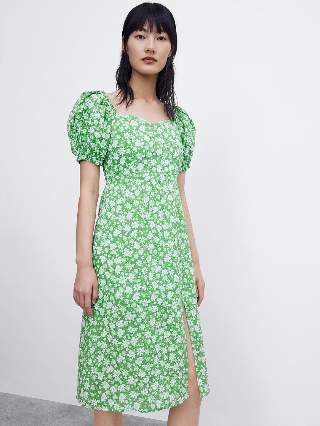 

Urban Revivo Cotton Floral Print Puff Sleeve A-Line Dress, Green