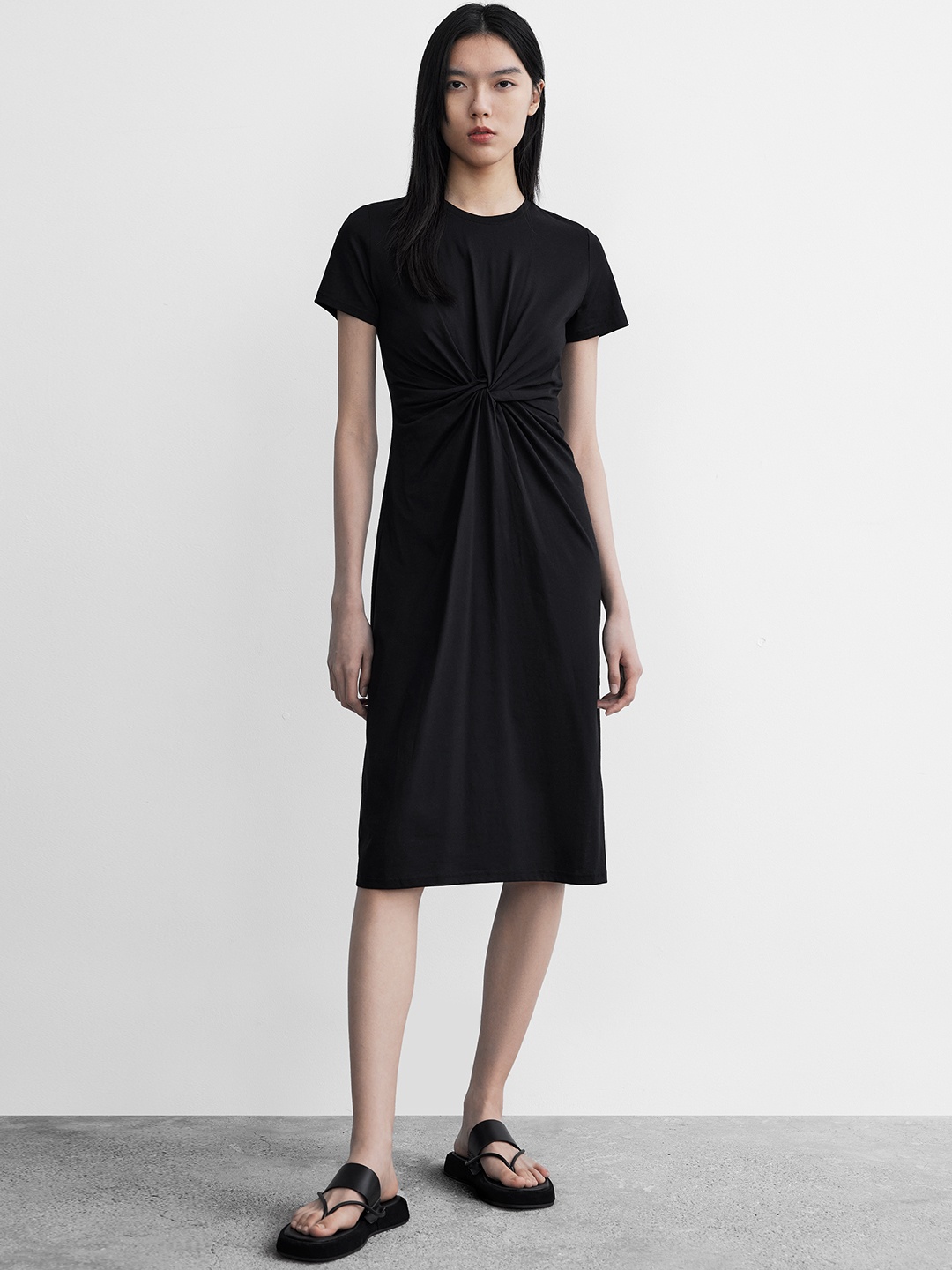 

Urban Revivo Cotton Knitted Twisted A-Line Dress, Black