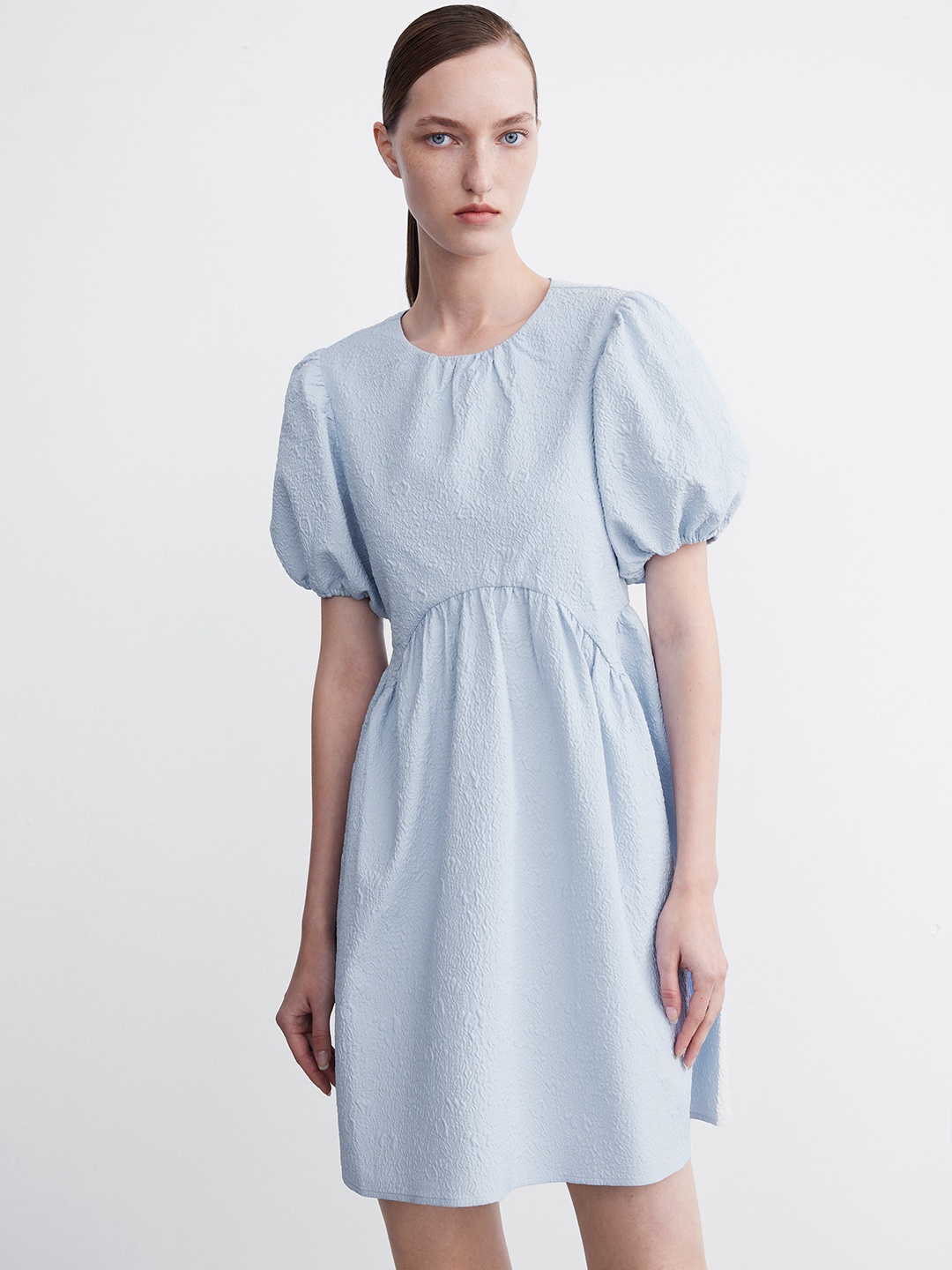 

Urban Revivo Textured Puff Sleeve A-Line Dress, Blue