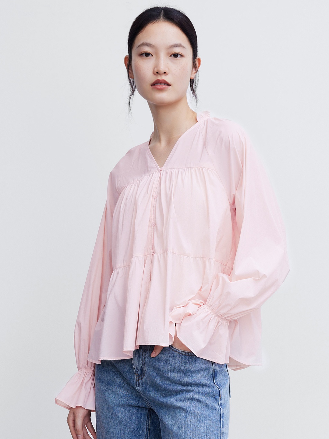 

Urban Revivo Mandarin Collar Bell Sleeve Tiered Top, Pink