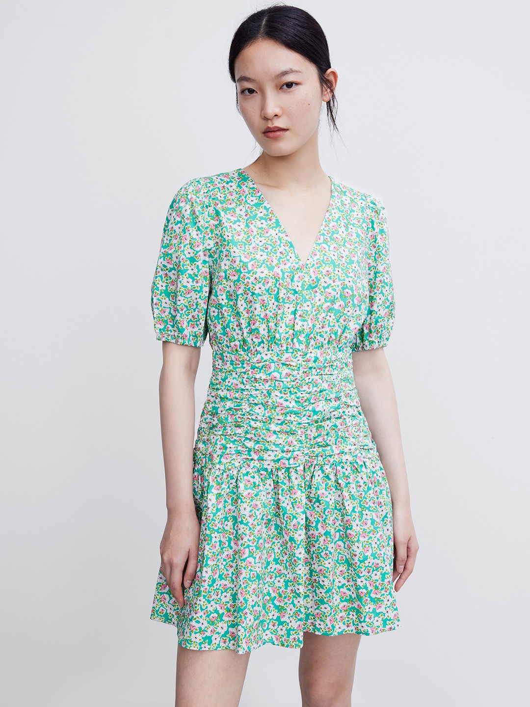 

Urban Revivo Floral Print Pure Cotton Ruched A-Line Dress, Green
