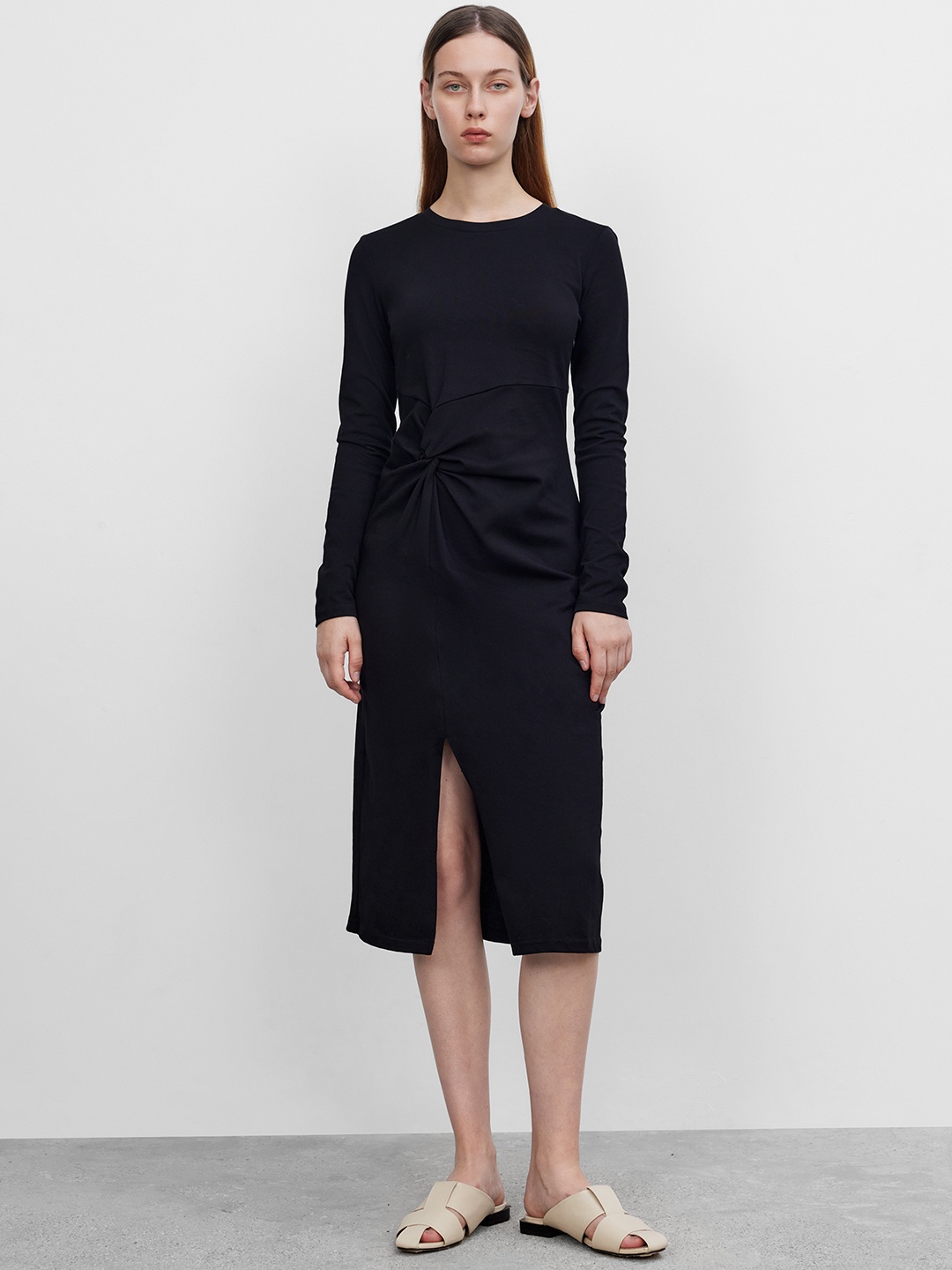

Urban Revivo Pure Cotton Twisted Slit Sheath Midi Dress, Black