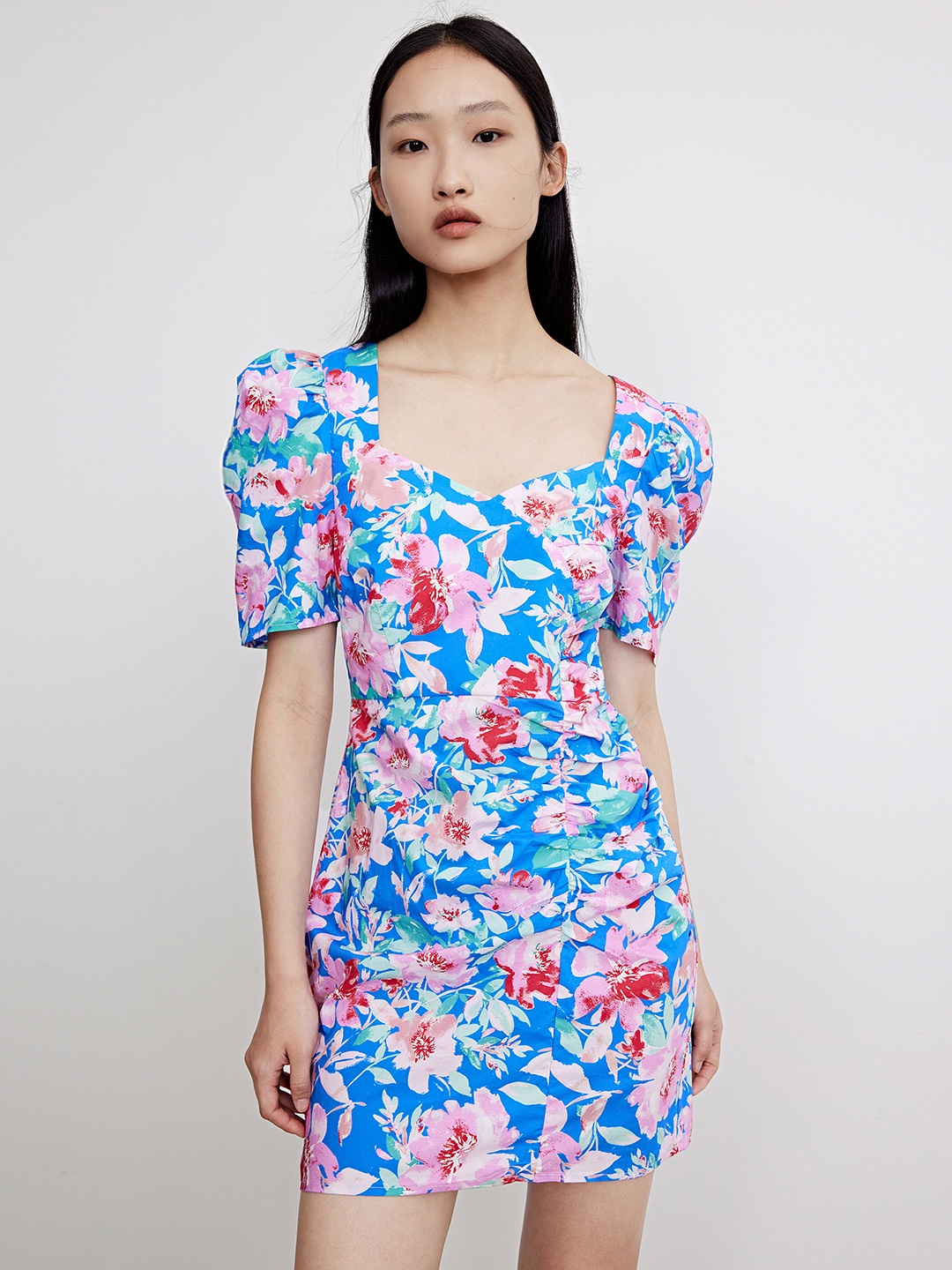 

Urban Revivo Pure Cotton Floral Print Puff Sleeve Sheath Dress, Blue