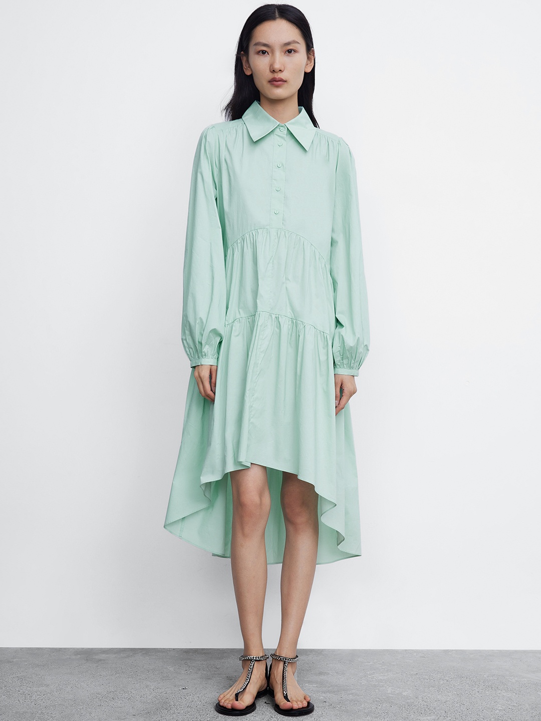 

Urban Revivo Cotton High-Low Puff Sleeves Shirt Dress, Green