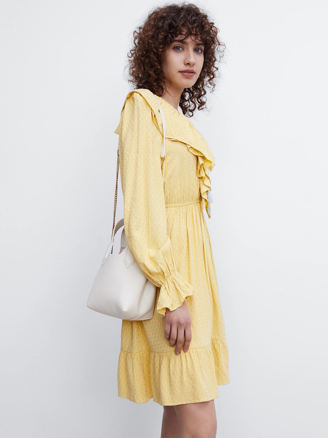 

Urban Revivo Puff Sleeve Ruffled A-Line Dress, Yellow