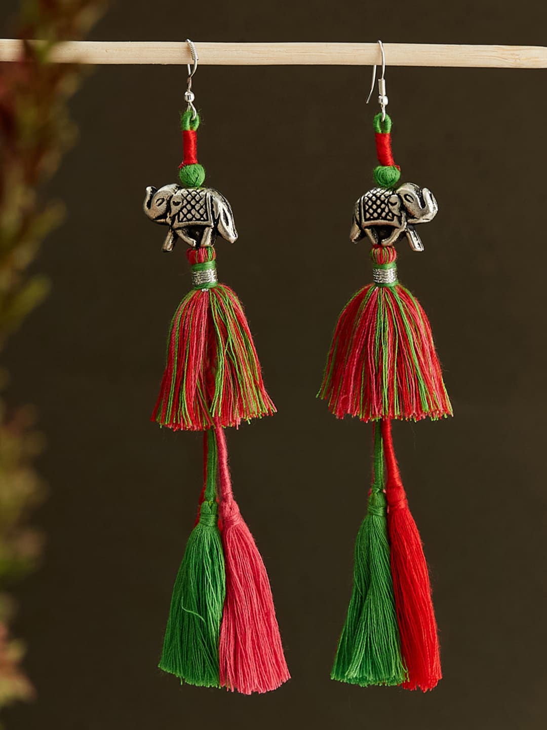 

Fabindia Contemporary Elephant Tasselled Drop Earrings, Green