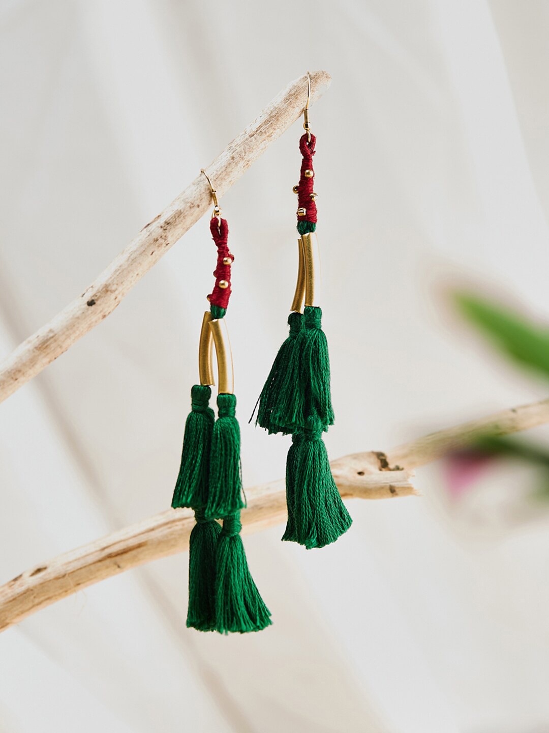 

Fabindia Contemporary Tasselled Drop Earrings, Green