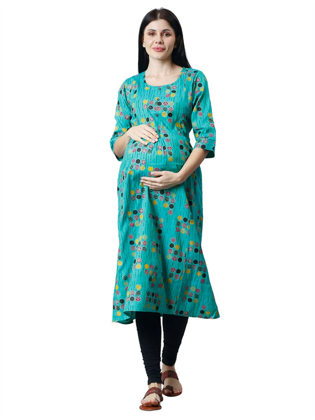 

CEE-18 Geometric Printed Cotton Maternity A-Line Kurta, Green