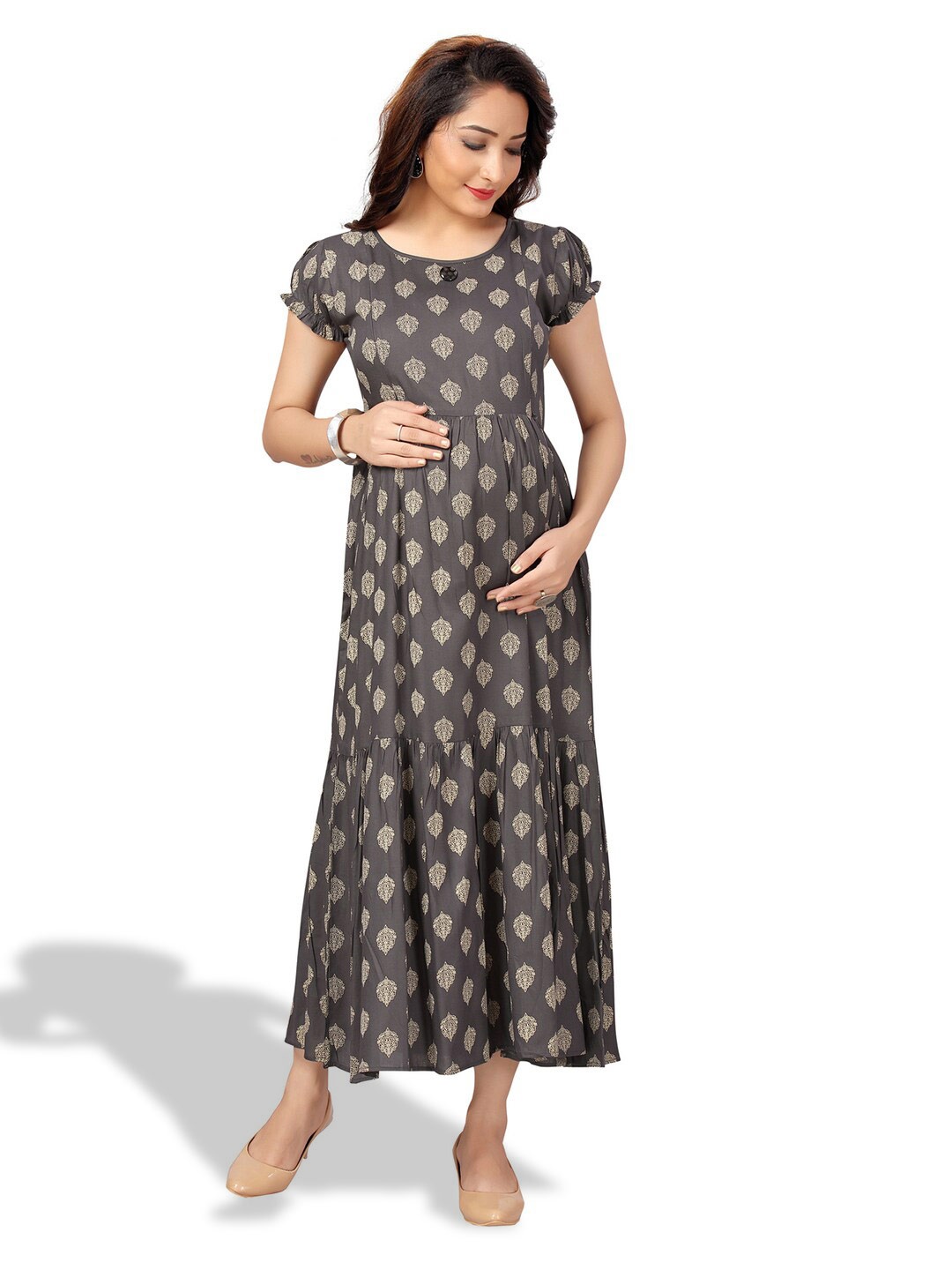 

CEE-18 Ethnic Motifs Printed Puff Sleeves Maternity A-Line Cotton Dress, Grey