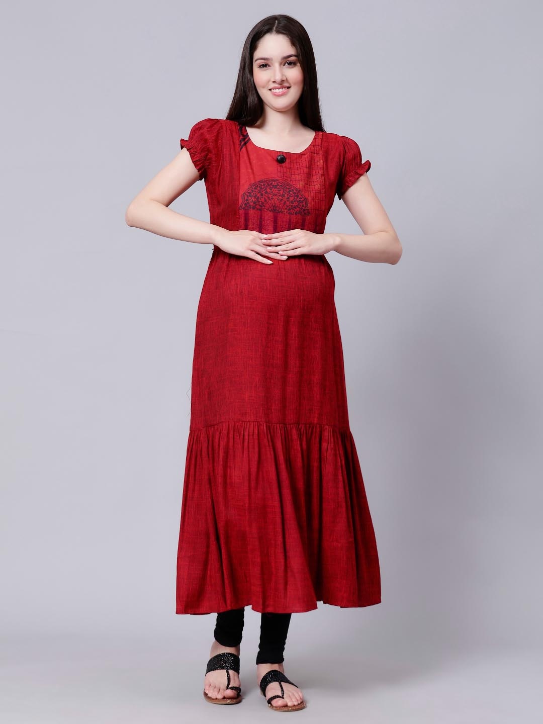 

CEE-18 Tiered A-Line Maternity Ethnic Dress, Maroon