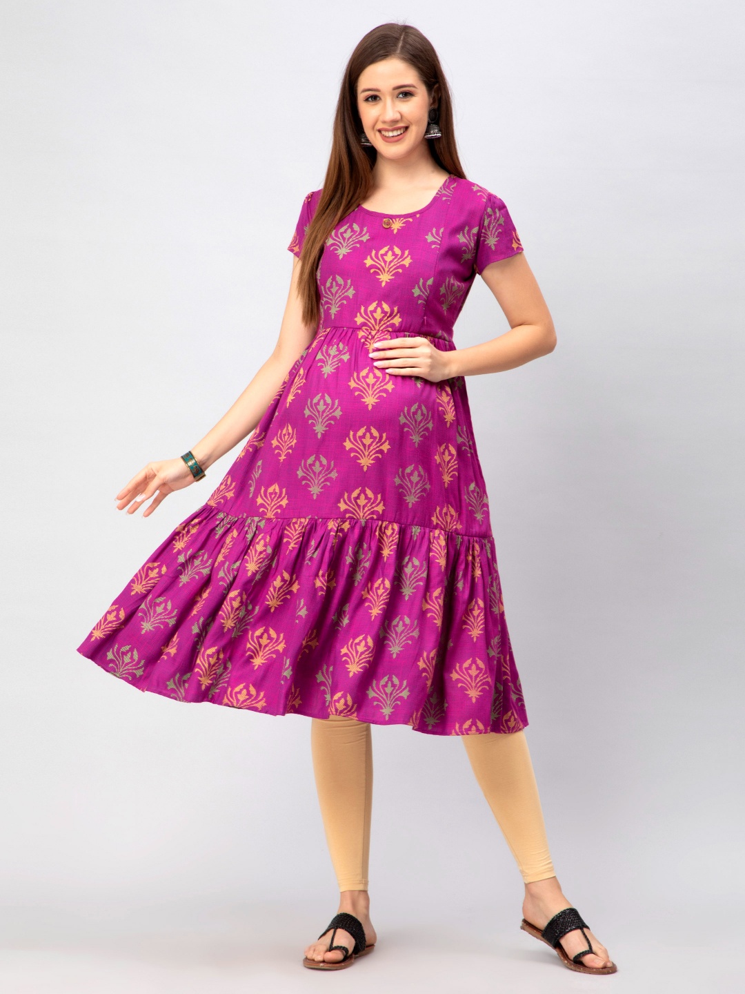 

CEE-18 Printed Cotton Fit & Flare Maternity Ethnic Dresses, Pink