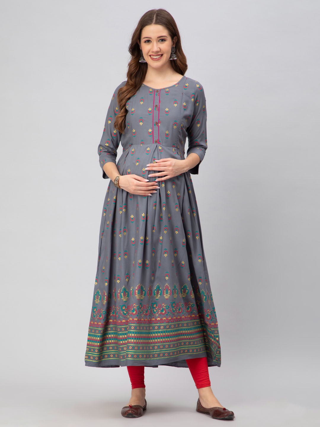 

CEE-18 Ethnic Motifs Printed A-Line Maternity Kurta, Grey
