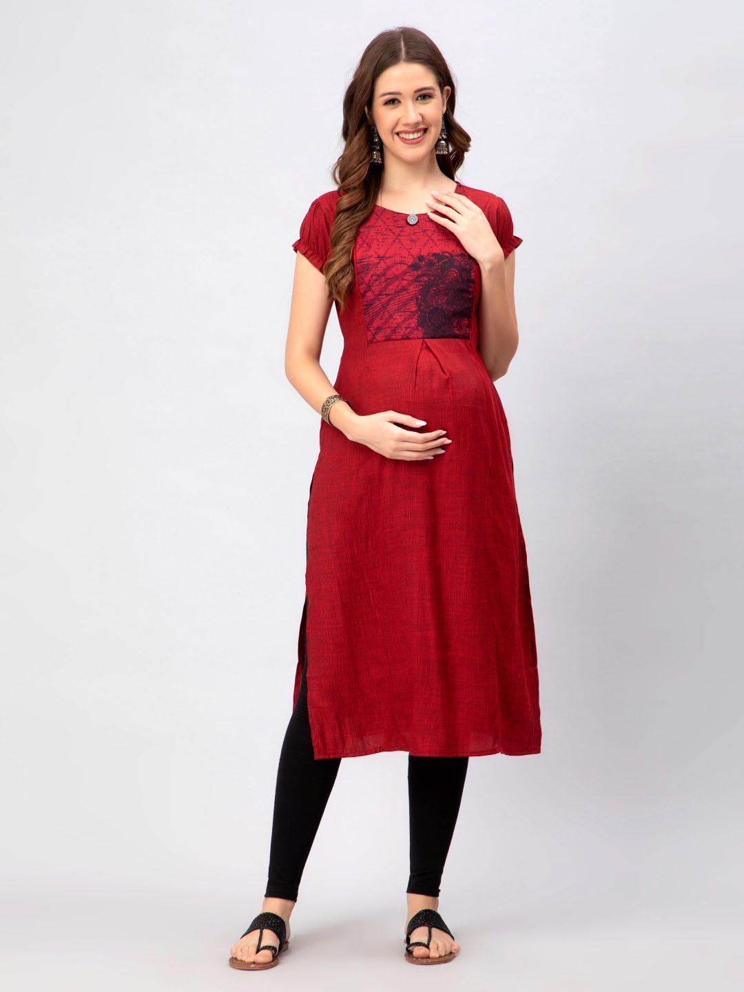 

CEE-18 Ethnic Motif Printed Puff Sleeves Maternity Kurta, Red
